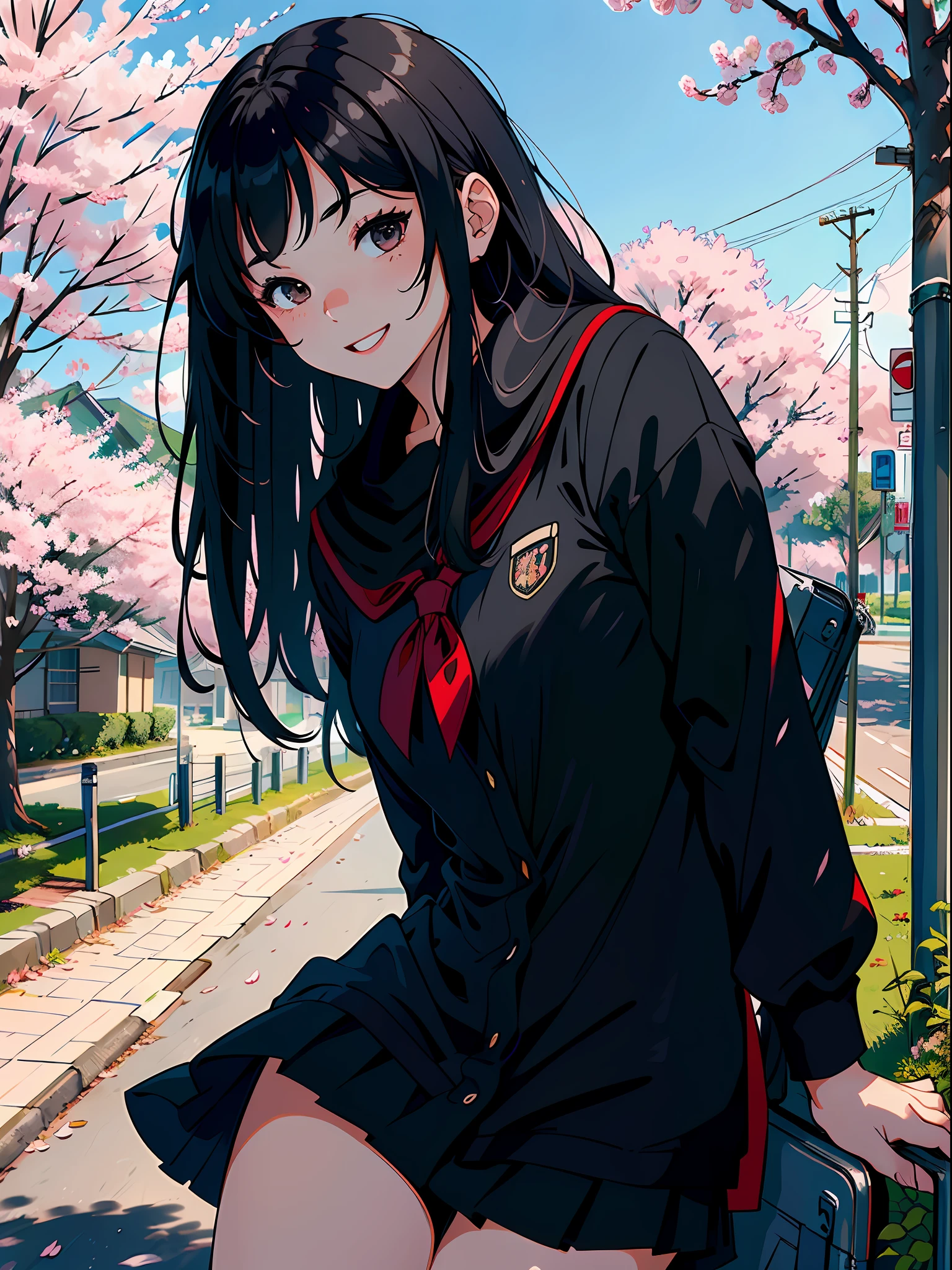((Masterpiece)), ((Best Quality))), ((Ultra Detailed)), ((Illustration)), A Girl. Black shawl with long hair, student uniform. On the side of the road, falling cherry blossoms, squinting and laughing