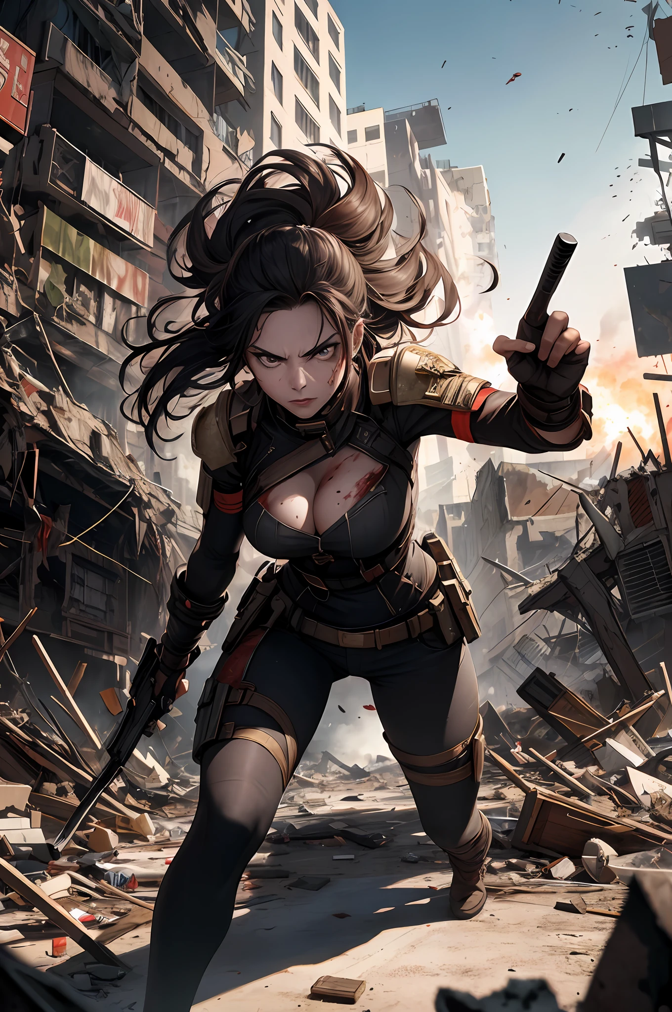 An epic war scene, with a woman standing amidst the chaos, holding her ground in the face of destruction. Explosions surround her, buildings in ruins, blood staining the rubble. Despite the violence and mayhem, the woman remains determined, ready to stand up to any challenge.