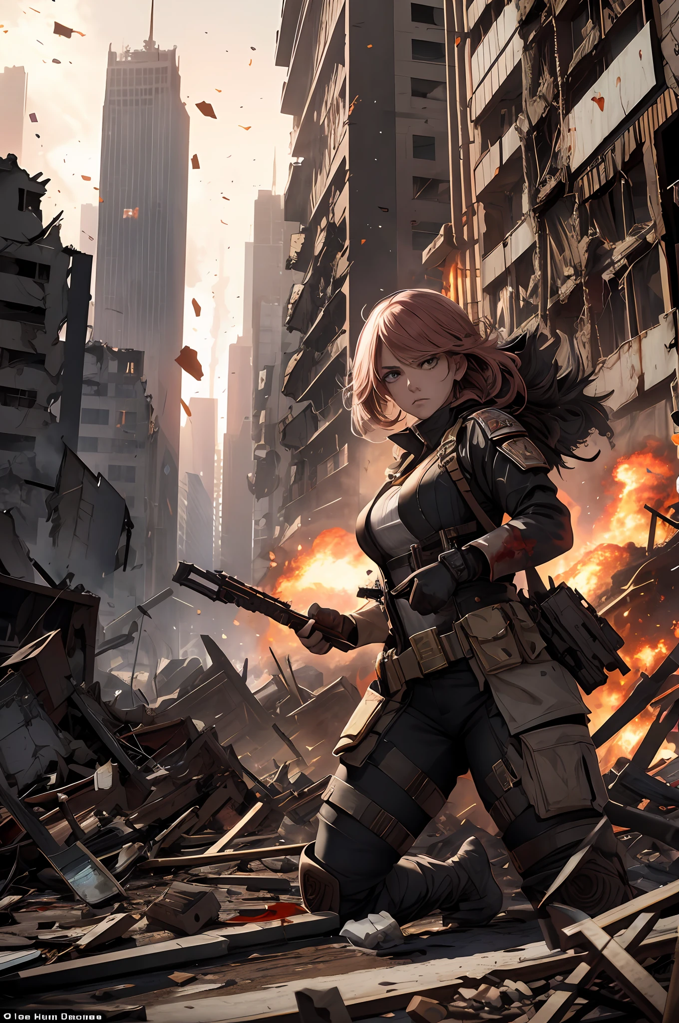 An epic war scene, with a woman standing amidst the chaos, holding her ground in the face of destruction. Explosions surround her, buildings in ruins, blood staining the rubble. Despite the violence and mayhem, the woman remains determined, ready to stand up to any challenge.