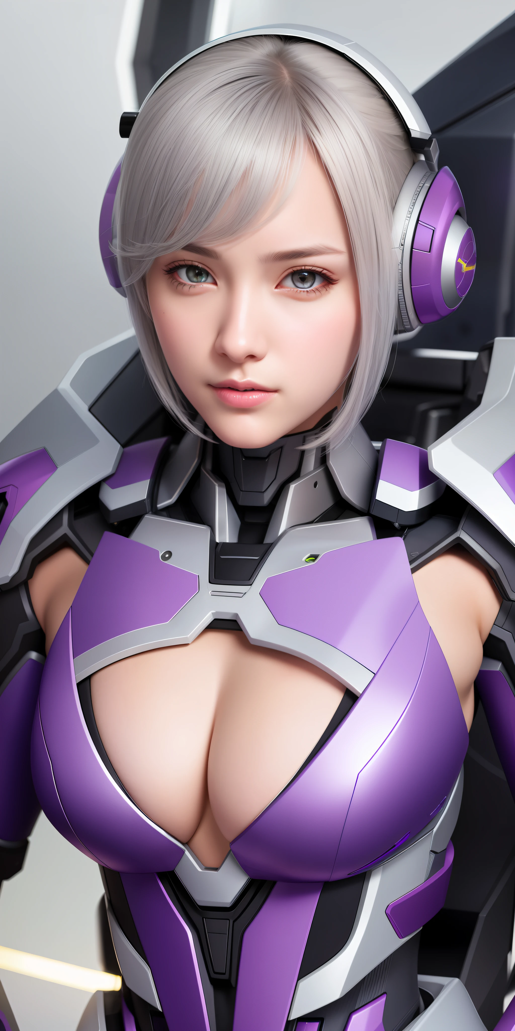 Realistic, girl single, gray hair, purple eyes, shining eyes, mech suit, sexy mecha, metallic, intricate details, detailed neon, bust accentuation parts, cleavage skin, big, parted lips,