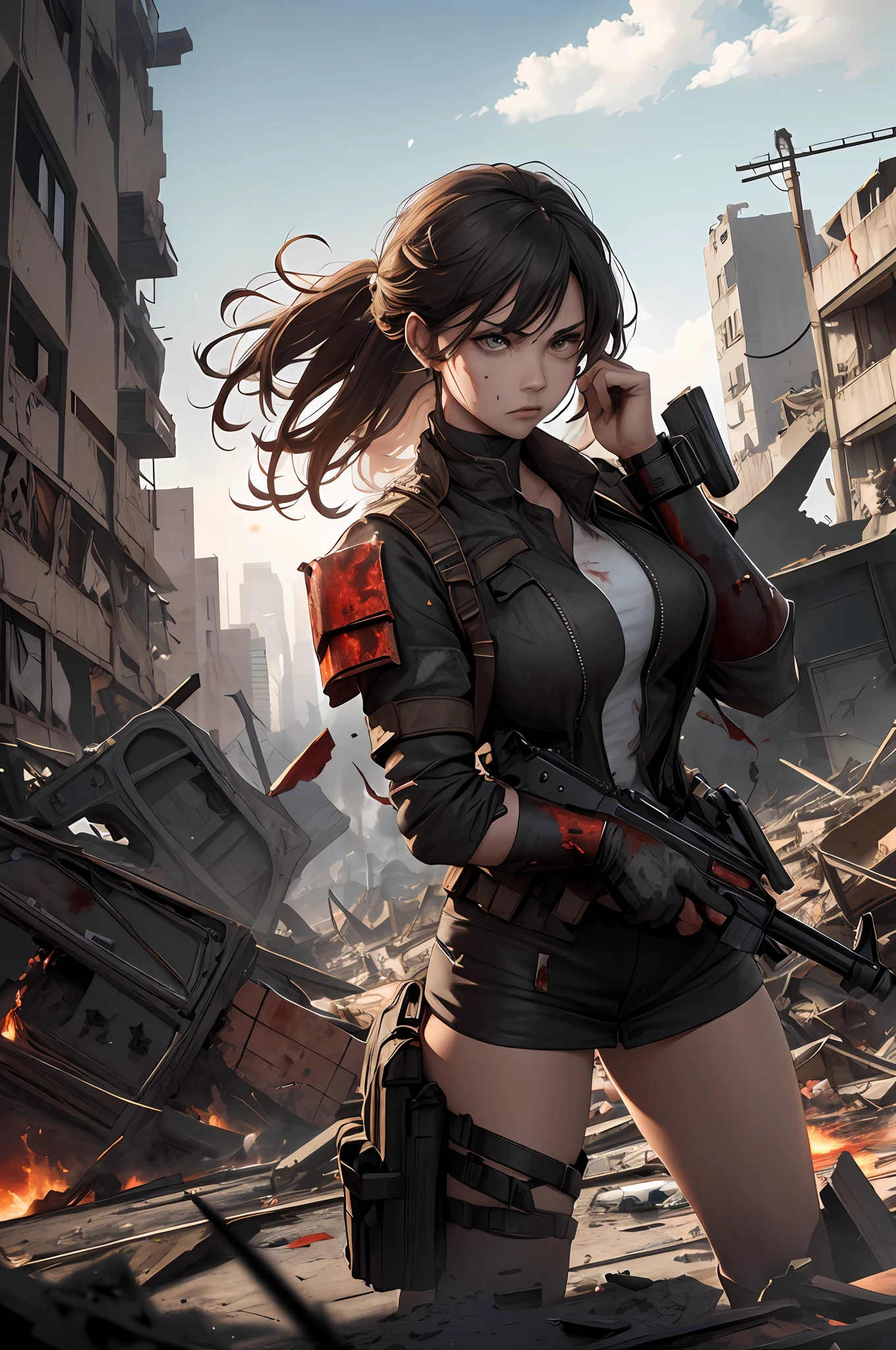 An epic war scene, with a woman standing amidst the chaos, holding her ground in the face of destruction. Explosions surround her, buildings in ruins, blood staining the rubble. Despite the violence and mayhem, the woman remains determined, ready to stand up to any challenge.
