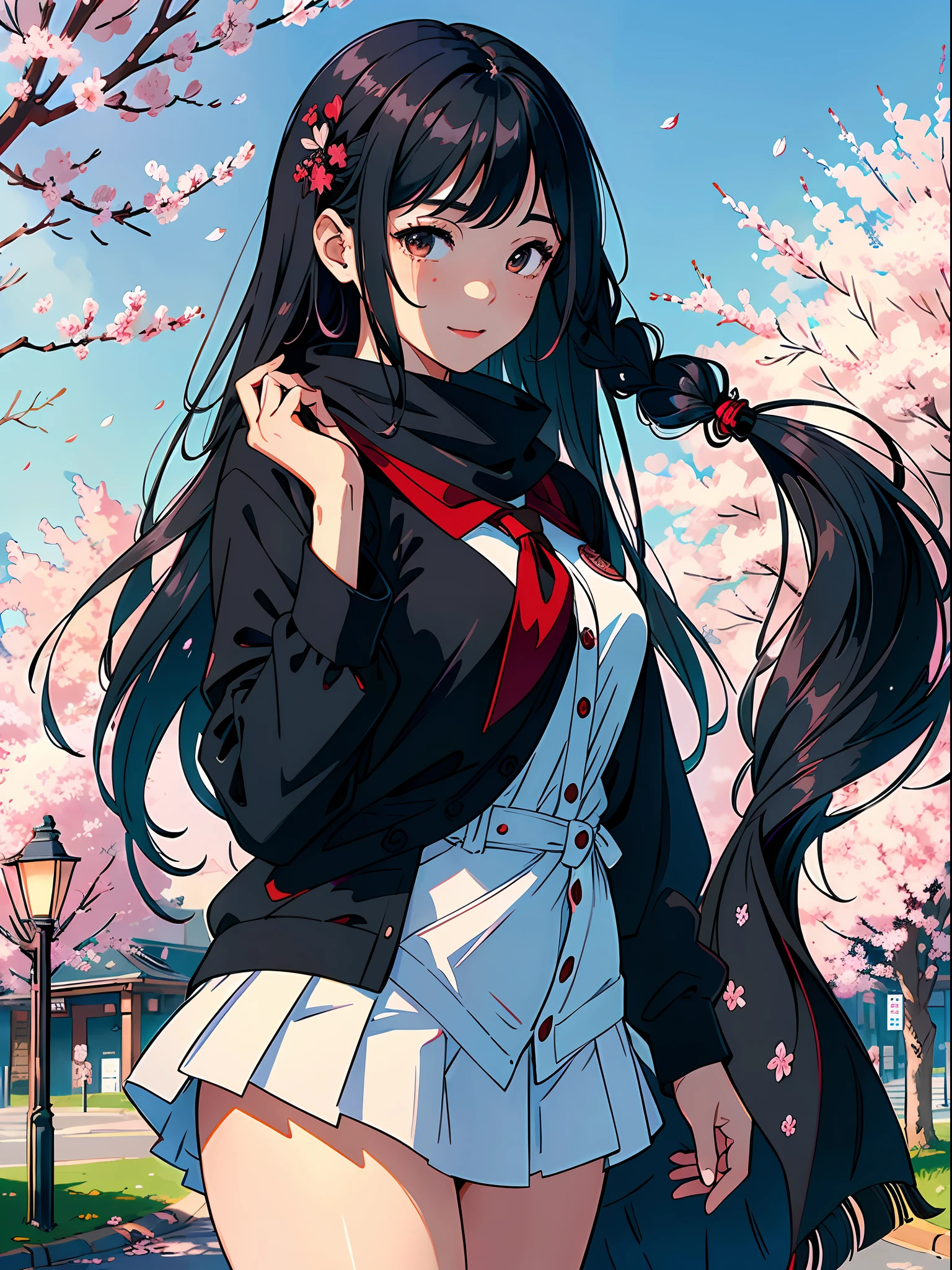 ((Masterpiece)), ((Best Quality))), ((Ultra Detailed)), ((Illustration)), A Girl. Black shawl with long hair, student uniform. On the side of the road, falling cherry blossoms, squinting and laughing