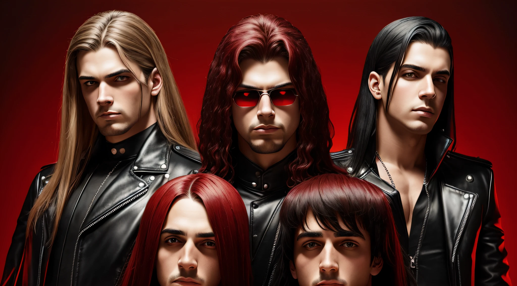 3 boys in standing leather clothes, portrait style, BLOOD RED BACKGROUND, Heavy metal promo band, Thrash metal, Heavy Rock --auto --s2