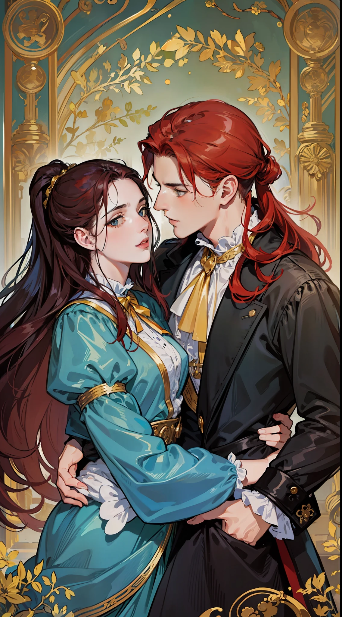 ((masterpieces)), best quality, exceptional illustration, a couple kissing, soft focus, 1 boy with short black hair, BLUE EYES, 1 girl with long wavy red hair, GOLDEN YELLOW EYES, Victorian clothing, Victorian romanticism, opulent and exquisite atmosphere, soft light and warm lighting.