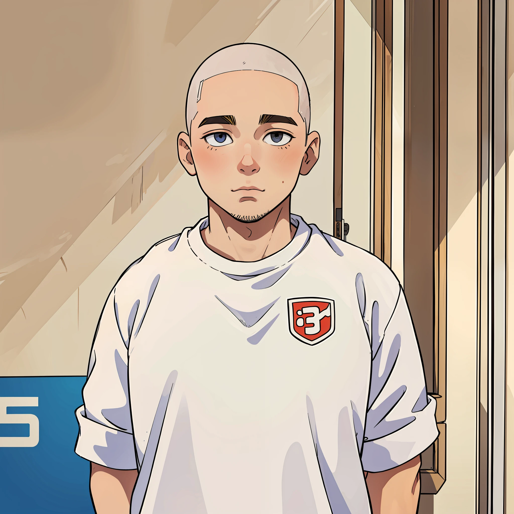 A 19-year-old male teenager shaved hair, white and cheeky, tall and slightly overweight