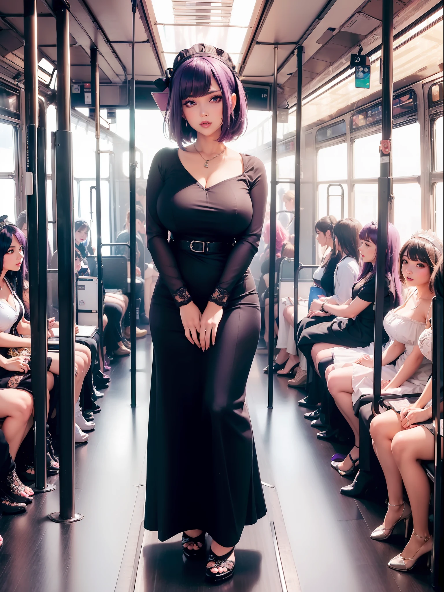 ((full body):1.5) {Only 1/woman}: wearing extremely short and tight black maid costume, white maid's headdress on her head, with an extremely small white skirt, has extremely large breasts, very short purple mohawk hair, blue eyes, looking at the viewer, striking sensual poses while standing. In one ((bus crowded with passengers who are seated, wearing different social clothes and all have different ethnicities):1.5) looking at just {1/woman} who is standing doing sexy poses. anime, anime style, 16k, ((high quality, high details):1.5), UHD, masterpiec