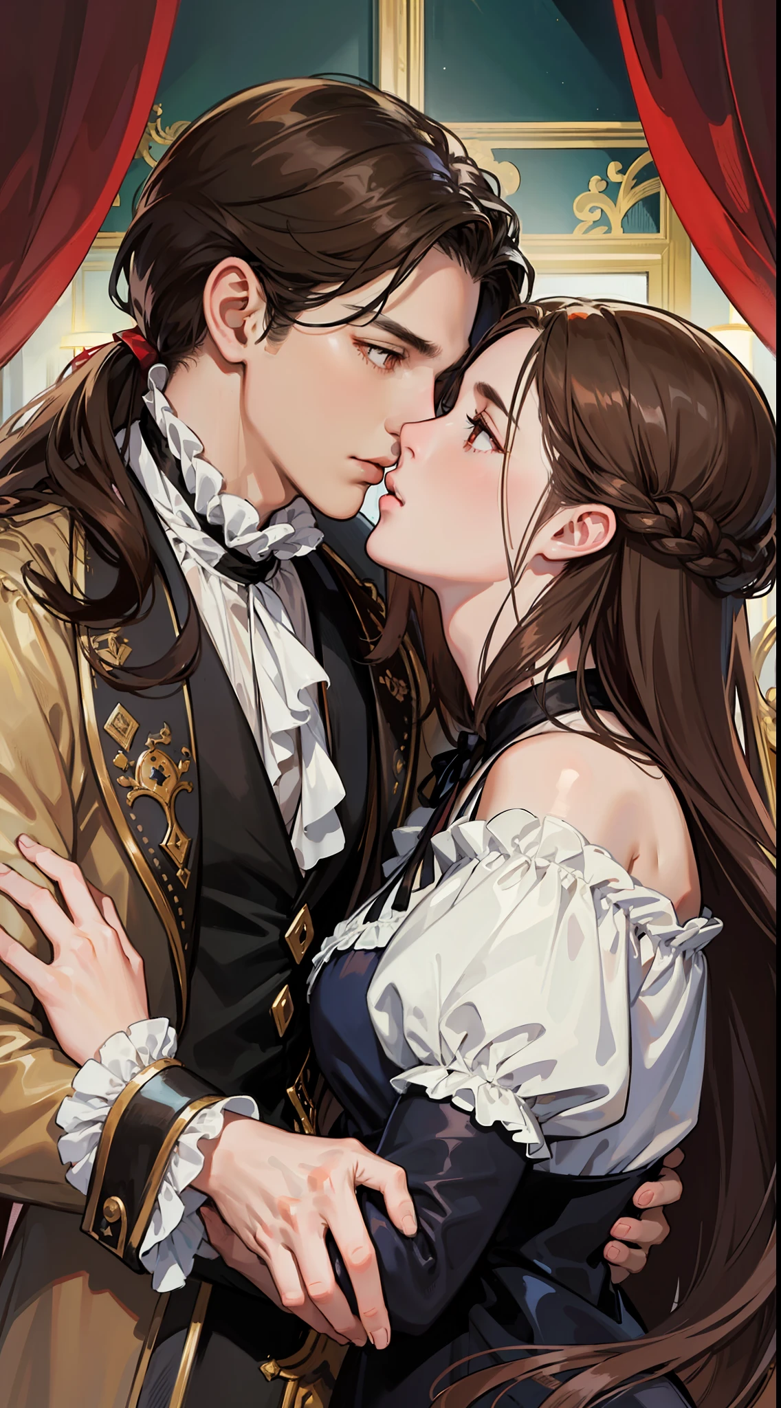 ((masterpieces)), best quality, outstanding illustration, a couple kissing, soft focus, 1 boy with long black hair, RED EYES, 1 girl with long brown hair, BROWN EYES, Victorian clothes, Victorian romanticism, opulent and exquisite atmosphere, soft light and warm lighting.