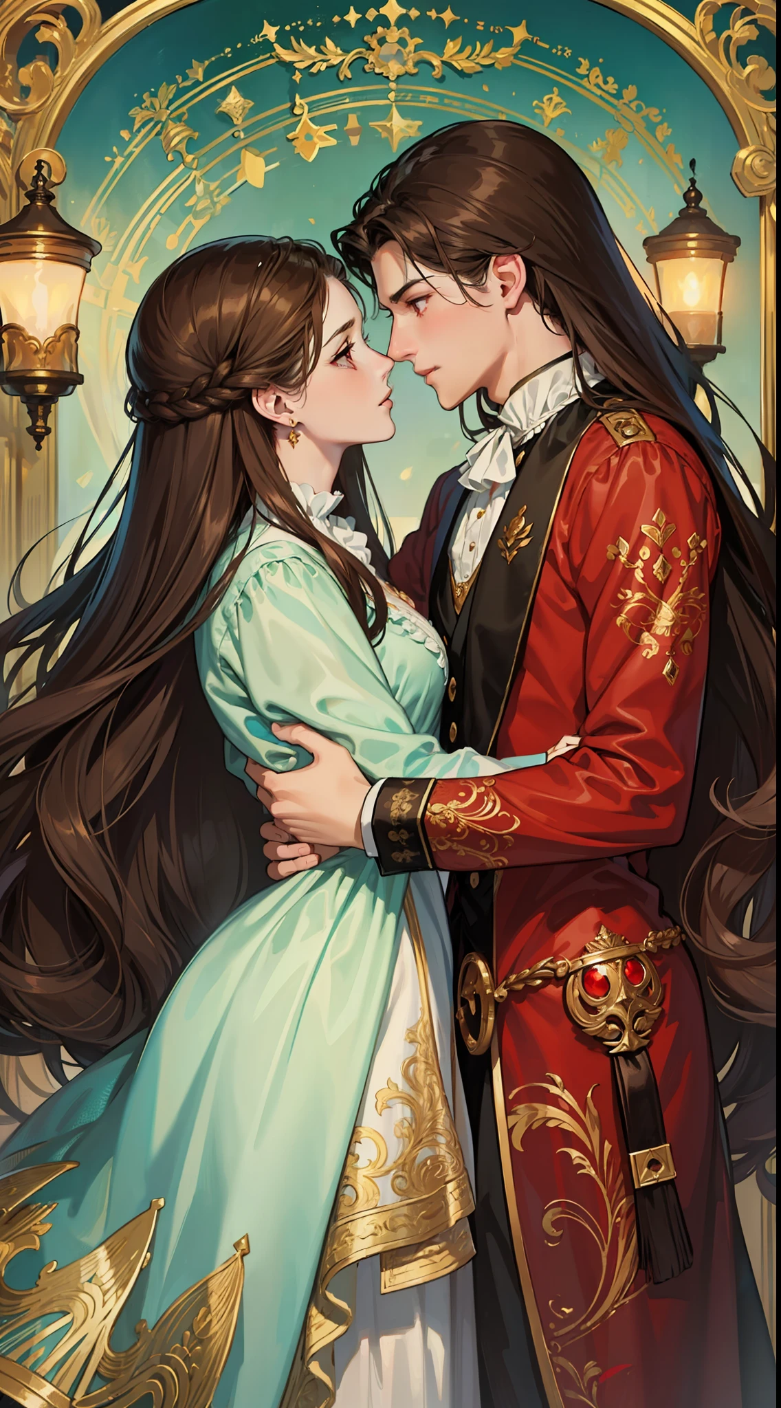 ((masterpieces)), best quality, outstanding illustration, a couple kissing, soft focus, 1 boy with long black hair, RED EYES, 1 girl with long brown hair, BROWN EYES, Victorian clothes, Victorian romanticism, opulent and exquisite atmosphere, soft light and warm lighting.