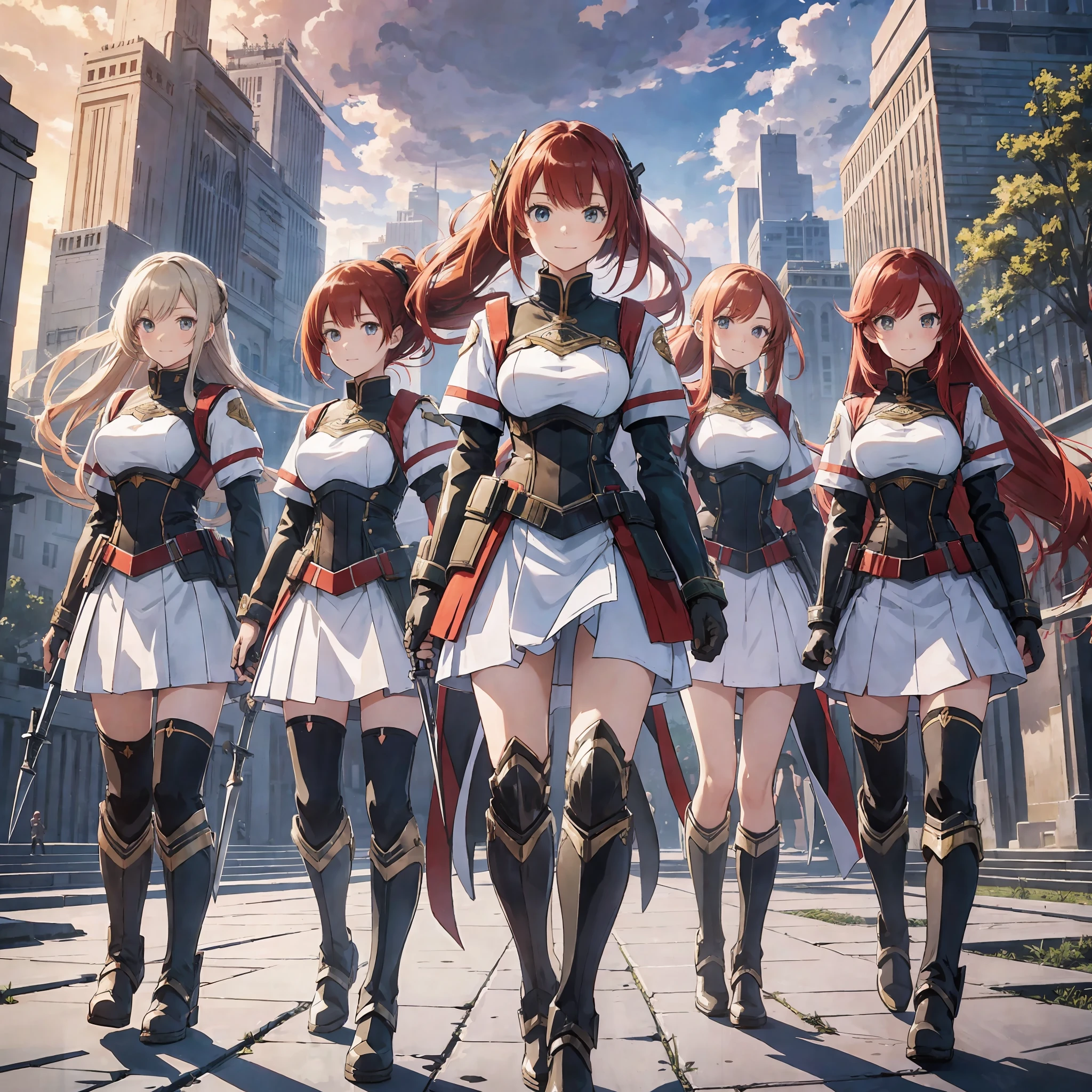 perfect anime illustration, multiple girls, thousands of girls, millions of girls, clones, identical sisters, red hair, ponytail, matching hairstyle, hazel eyes, smiling, white skin, heeled boots, matching outfits, military uniforms, green uniforms, armor, swords, highres, full body, bare legs, neat rows of sisters, neat columns of sisters, sisters standing in formation, sisters in background