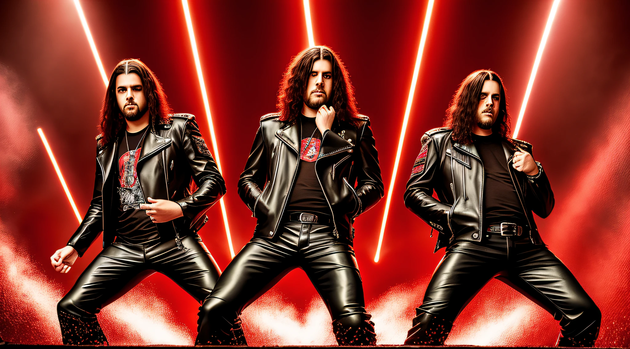 3 boys in standing leather clothes, portrait style, MANY STORM RAYS, BLOOD RED BACKGROUND, Heavy metal promo band, Thrash metal, Heavy Rock --auto --s2