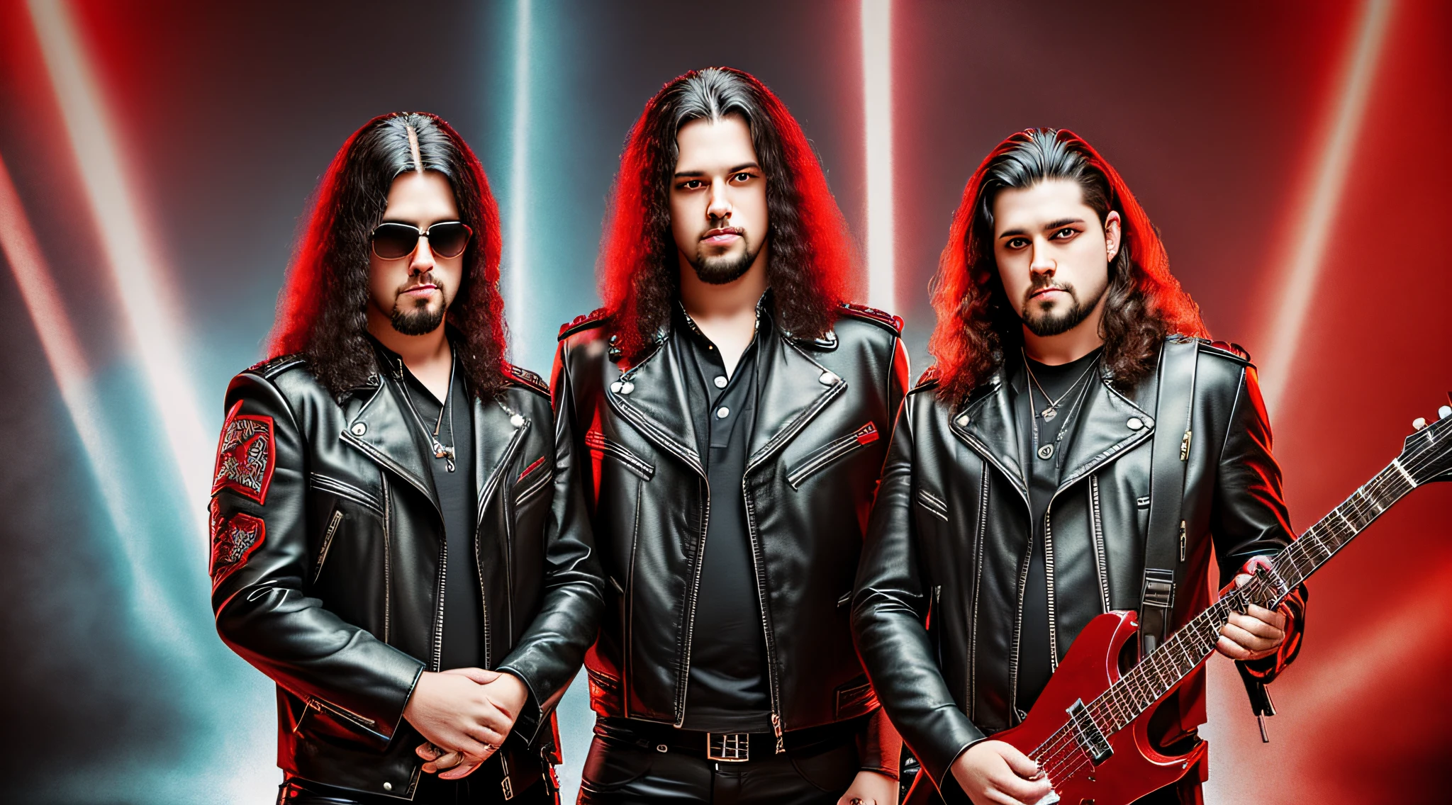 3 boys in standing leather clothes, portrait style, MANY STORM RAYS, BLOOD RED BACKGROUND, Heavy metal promo band, Thrash metal, Heavy Rock --auto --s2