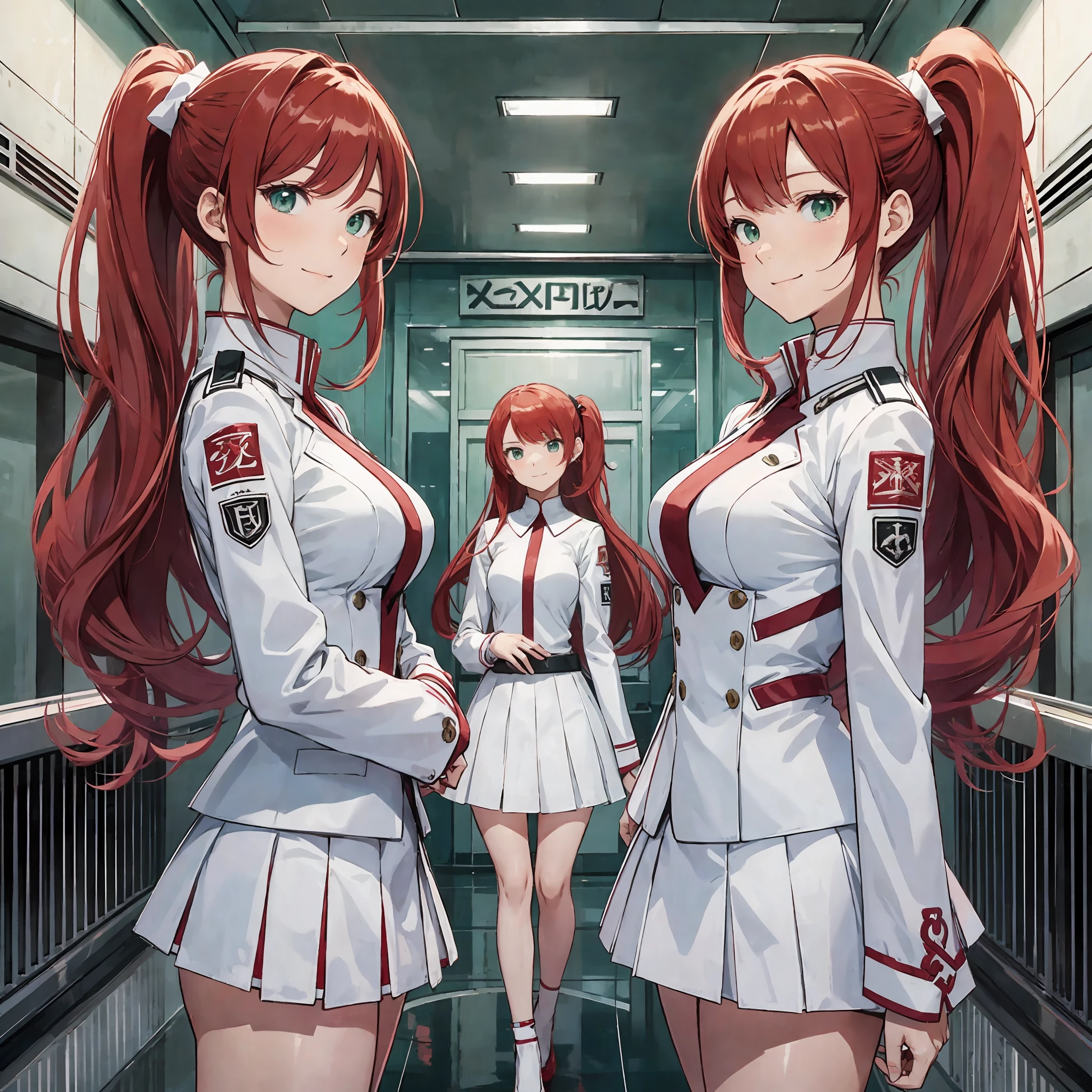 perfect anime illustration, multiple girls, thousands of girls, millions of girls, clones, identical sisters, red hair, ponytail, matching hairstyle, hazel eyes, smiling, white skin, matching outfits, green skirt suits, businesswomen, high heels, highres, full body, bare legs, neat rows of sisters, neat columns of sisters, sisters standing in formation, sisters in background