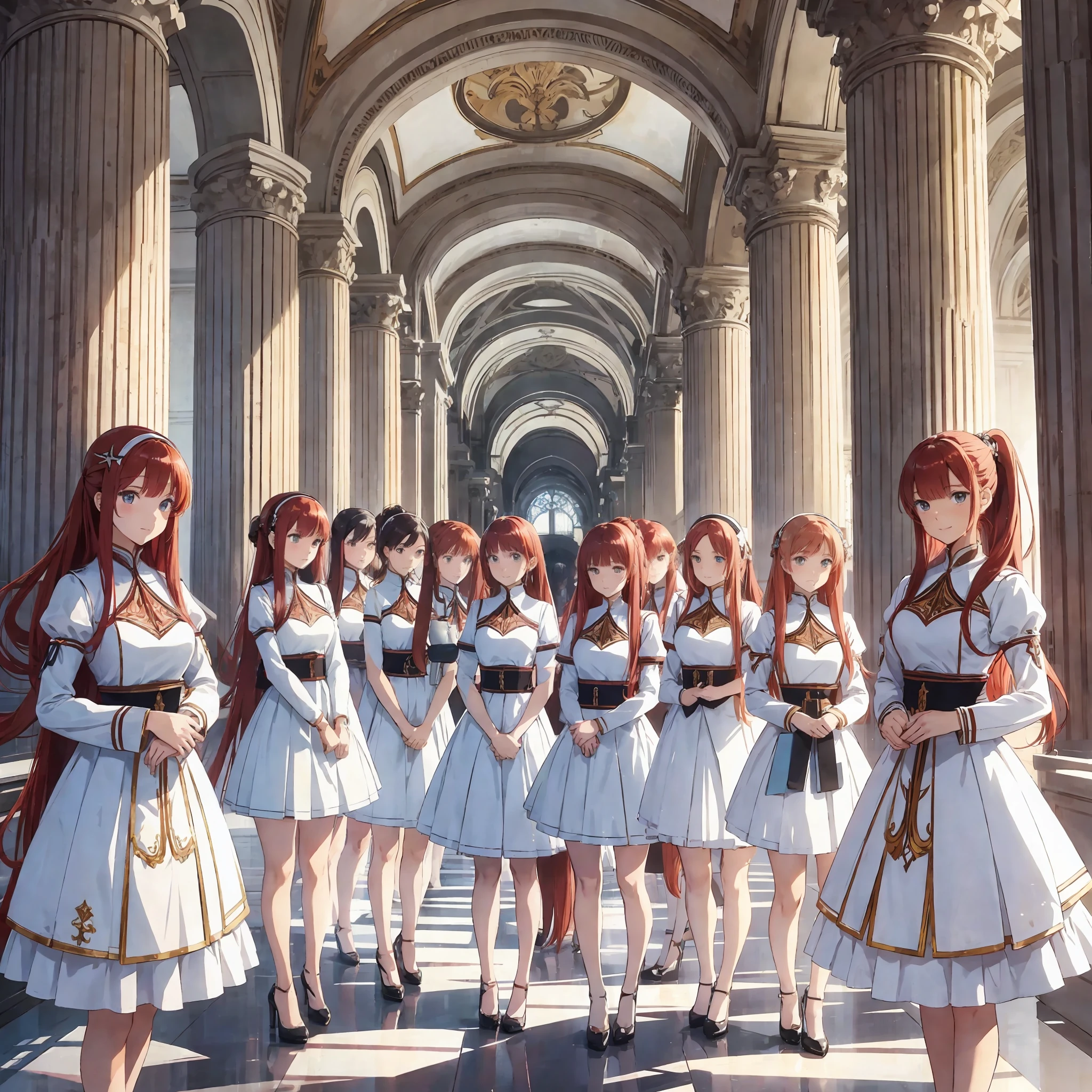 perfect anime illustration, multiple girls, thousands of girls, millions of girls, clones, identical sisters, red hair, ponytail, matching hairstyle, hazel eyes, smiling, white skin, matching outfits, green skirt suits, businesswomen, high heels, highres, full body, bare legs, neat rows of sisters, neat columns of sisters, sisters standing in formation, sisters in background