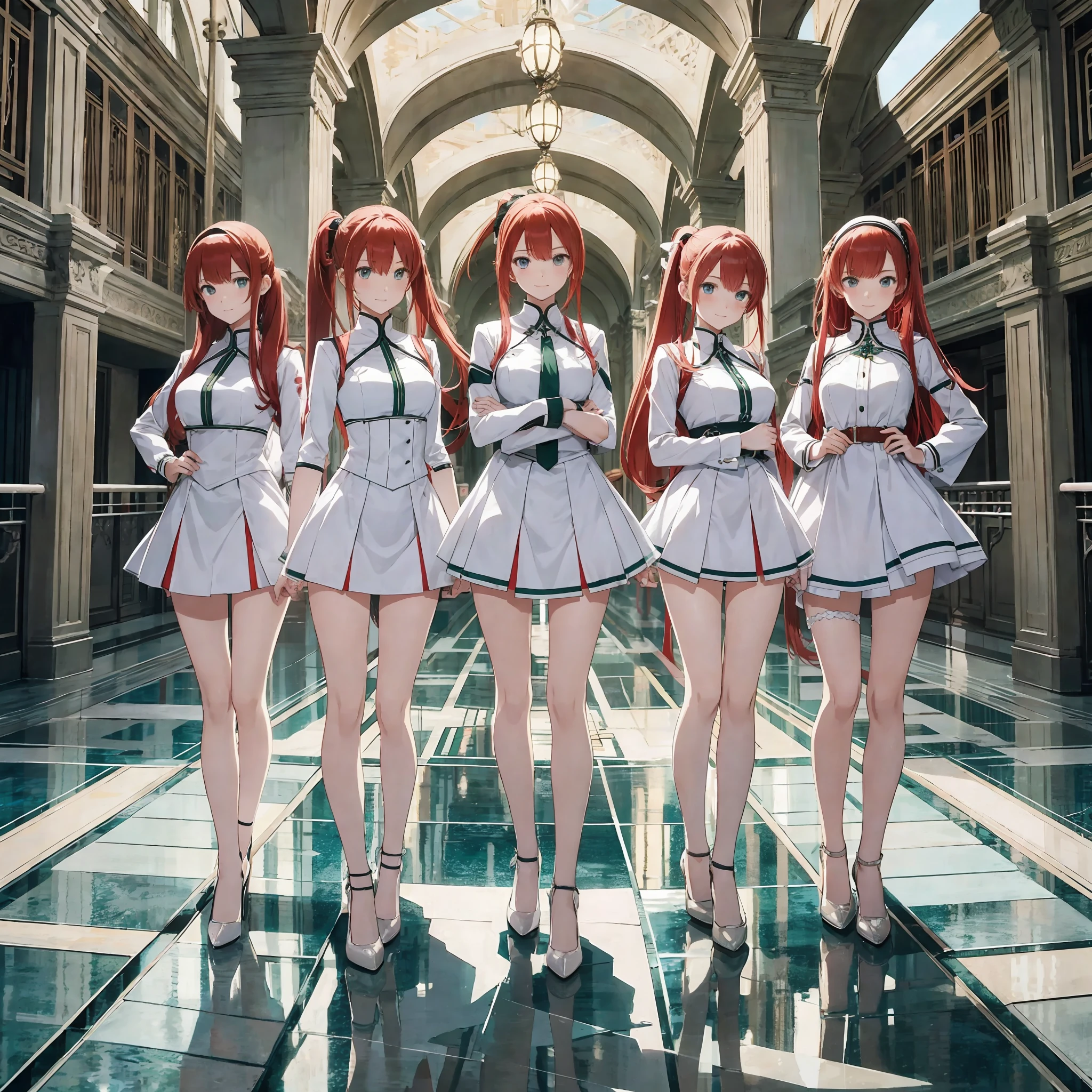 perfect anime illustration, multiple girls, thousands of girls, millions of girls, clones, identical sisters, red hair, ponytail, matching hairstyle, hazel eyes, smiling, white skin, matching outfits, green skirt suits, businesswomen, high heels, highres, full body, bare legs, neat rows of sisters, neat columns of sisters, sisters standing in formation, sisters in background