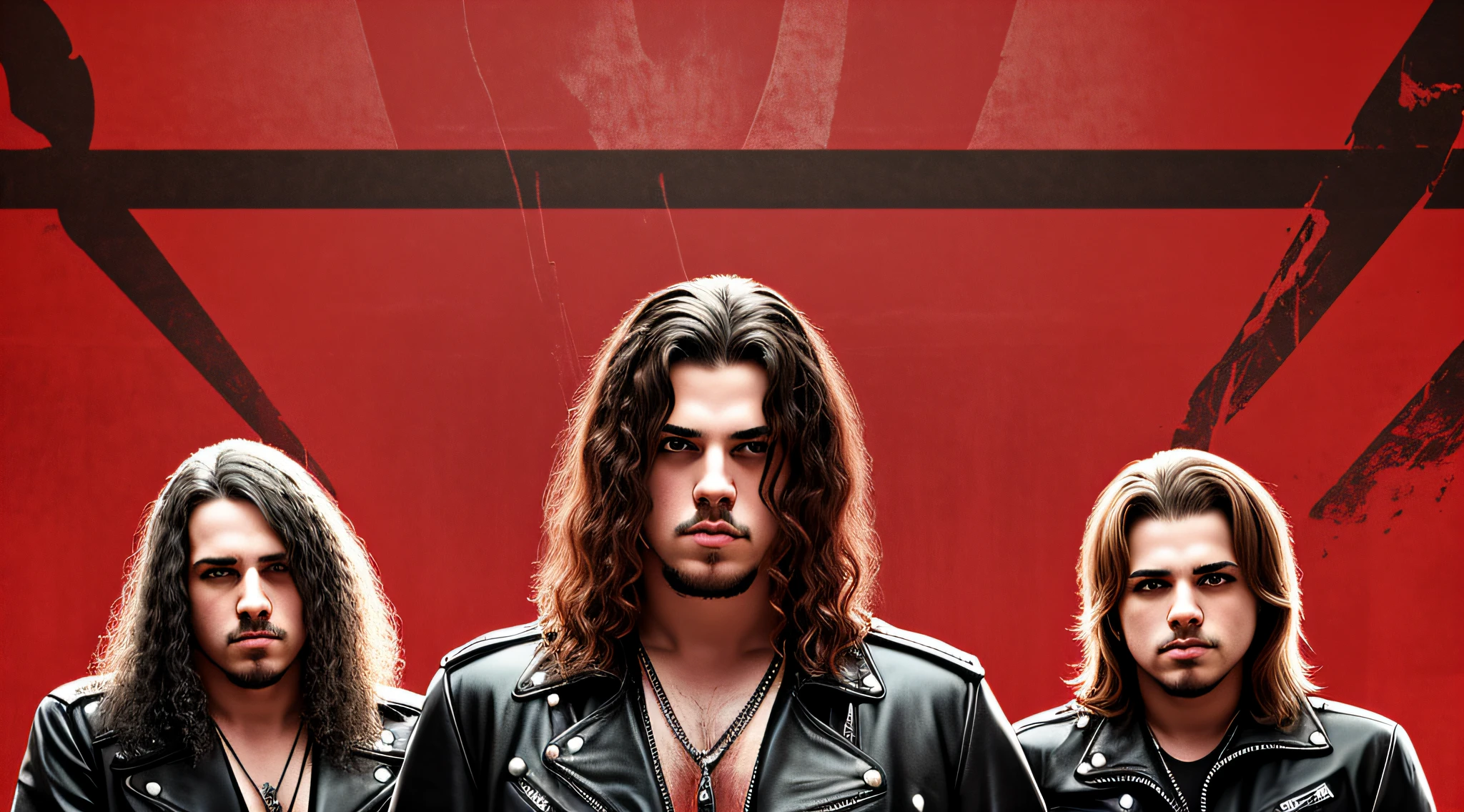 3 boys in leather clothes standing LOIROS, portrait style, BLOOD RED BACKGROUND, Heavy metal promo band, Thrash metal, Heavy Rock --auto --s2