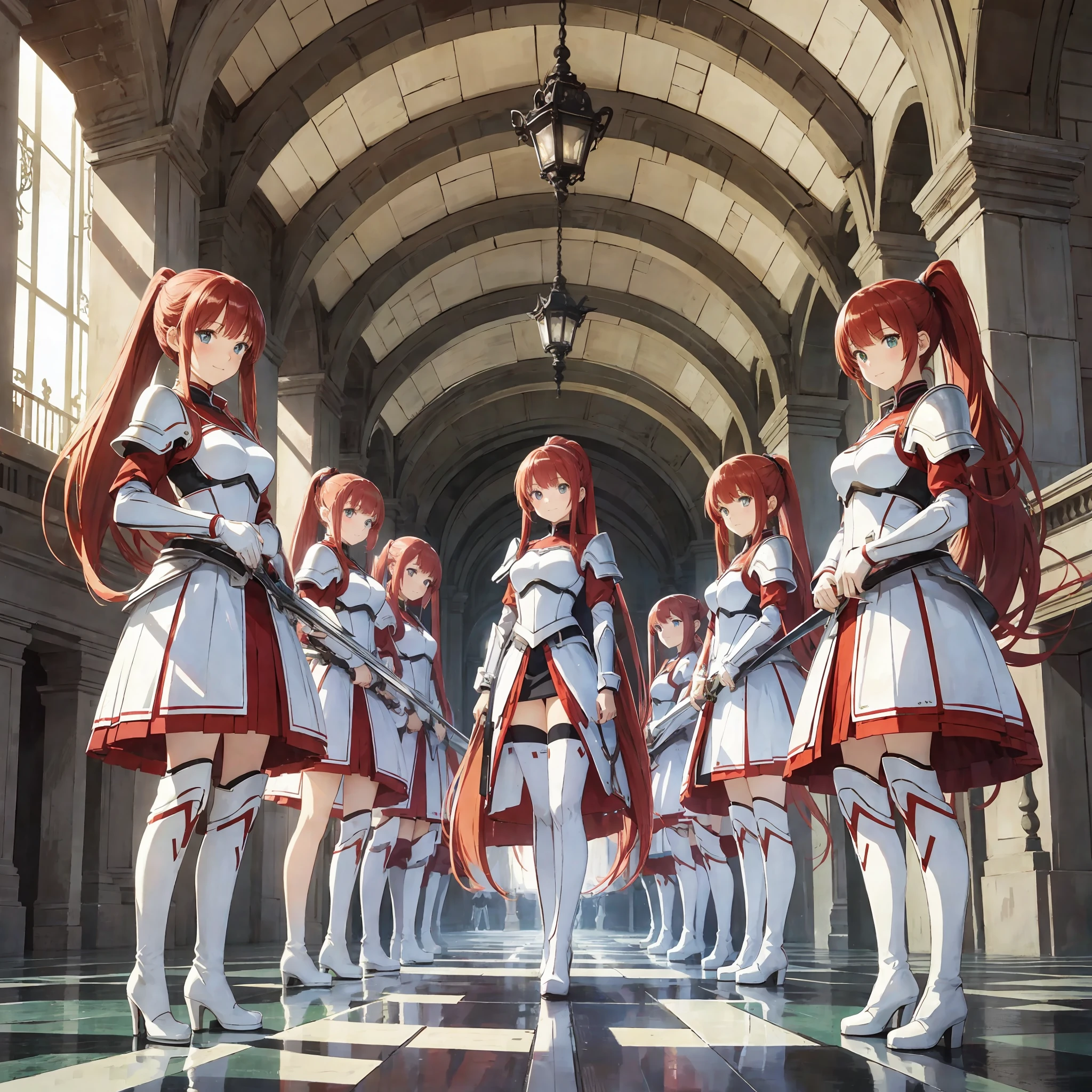 perfect anime illustration, multiple girls, thousands of girls, millions of girls, clones, identical sisters, red hair, ponytail, matching hairstyle, hazel eyes, smiling, white skin, heeled boots, matching outfits, green dresses, armor, swords, highres, full body, bare legs, neat rows of sisters, neat columns of sisters, sisters standing in formation, sisters in background