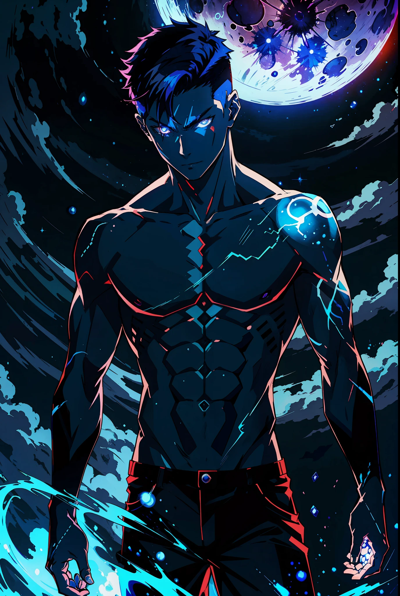 "Drawing of a demon male character floating in the universe, shirtless, demonic body, dark blue hair, short undercut, moon demon, glowing tattoo, in an anime style. The eyes are dark blue, and the background features moon and blue lighting."