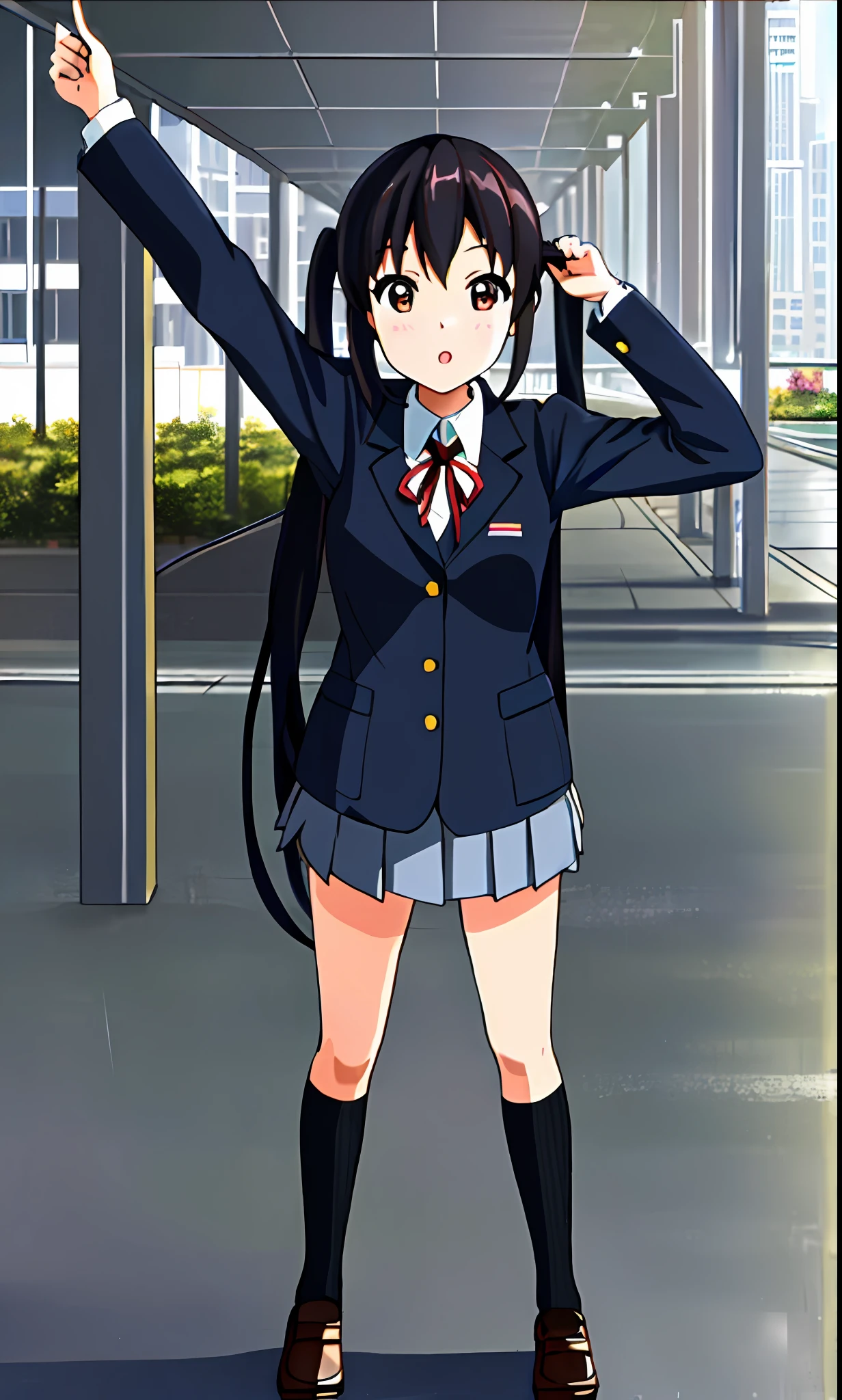 1girl, ((((Masterpiece))), Best Quality, Best Quality, High Detail, Azusa Nakano, 1girl, Sakuragaoka High School Uniform, Musical Instrument, School Uniform, Twin Tails, Long Hair, Black Hair, Brown Eyes, Solo, Red, Dark blue blazer with a thin ribbon of red, Solid white button shirt under blazer, Illustration, Cartoon, Soothing tones, Muted colors, Soft cinematic light, Adobe Lightroom, Photo Lab, HDR, complex and highly detailed, (((depth of field))))). (((Masterpiece))). (((highest quality))).) ((super detail))). (((Illustration))). (((Outside))). (((fighting stance))).,((((Giantization))).dynamic focus.small breasts. (((skyscrapers))). (((Cityscape))). Ultraman, makeover pose.make a fist.arms up.chest.front.watch viewer.