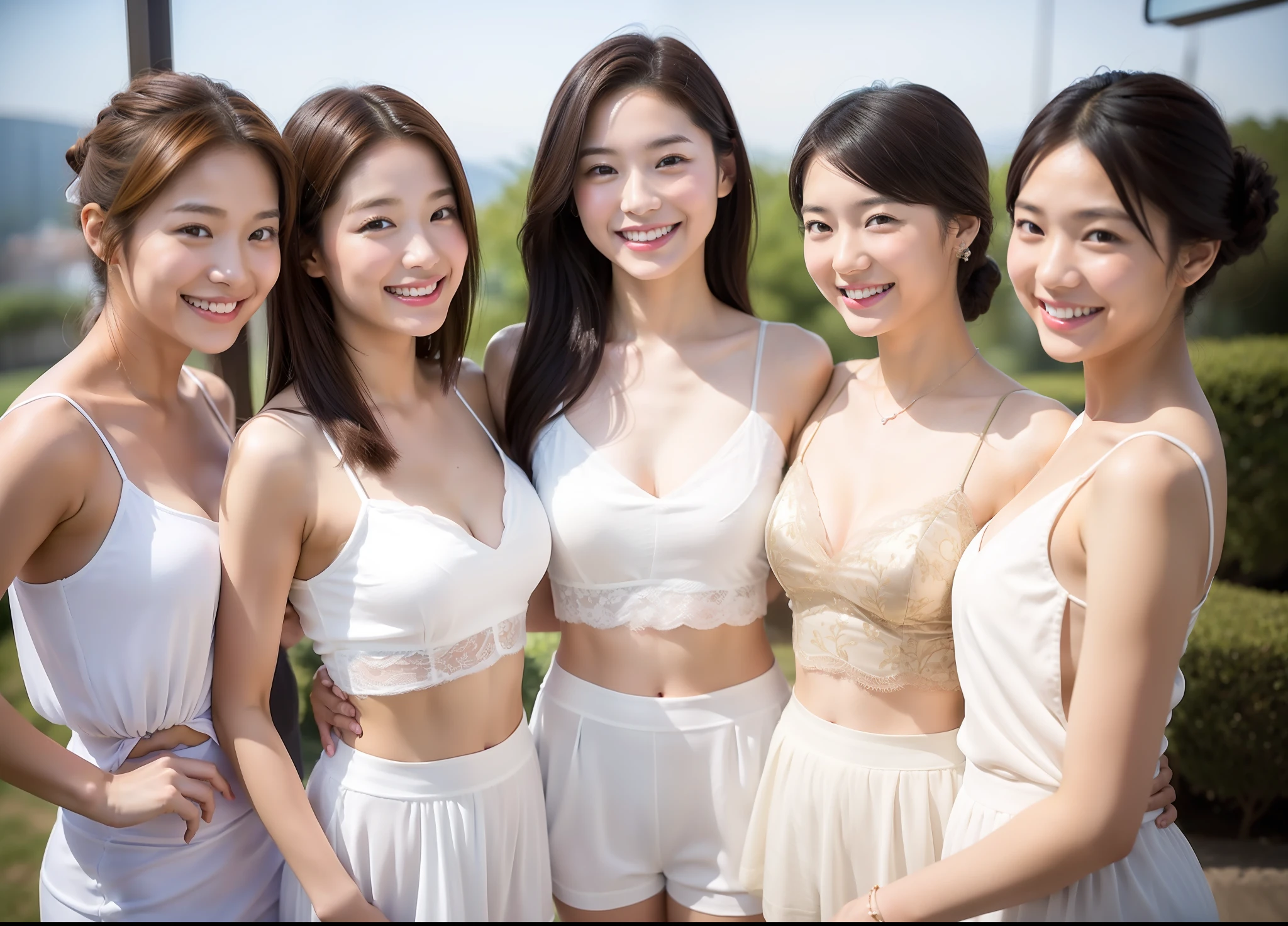 3 young women, oriental, idol, beauty, 15 years old, white camisole, smiling