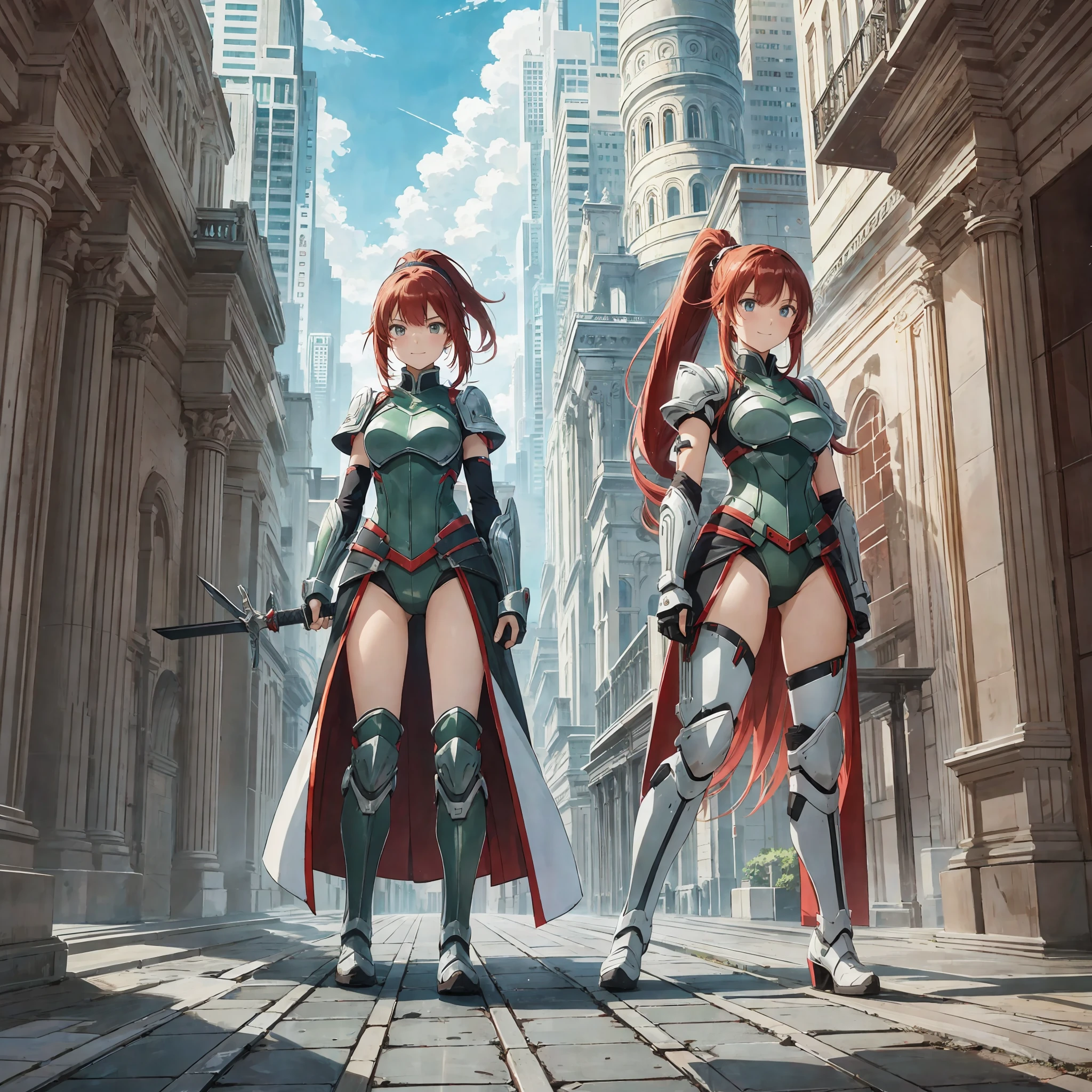 perfect anime illustration, multiple girls, thousands of girls, millions of girls, clones, identical sisters, red hair, ponytail, matching hairstyle, hazel eyes, smiling, white skin, heeled boots, matching outfits, green dresses, armor, swords, highres, full body, bare legs, neat rows of sisters, neat columns of sisters, sisters standing in formation, sisters in background
