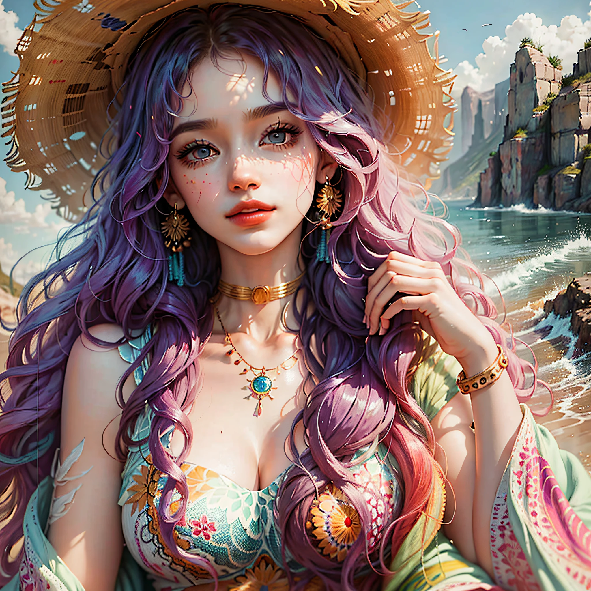 You are a famous artist, known for her stunning paintings that capture the natural beauty of the world. Your long, curly hair complements your bohemian and creative image, while you continue to inspire others with your art --auto --s2