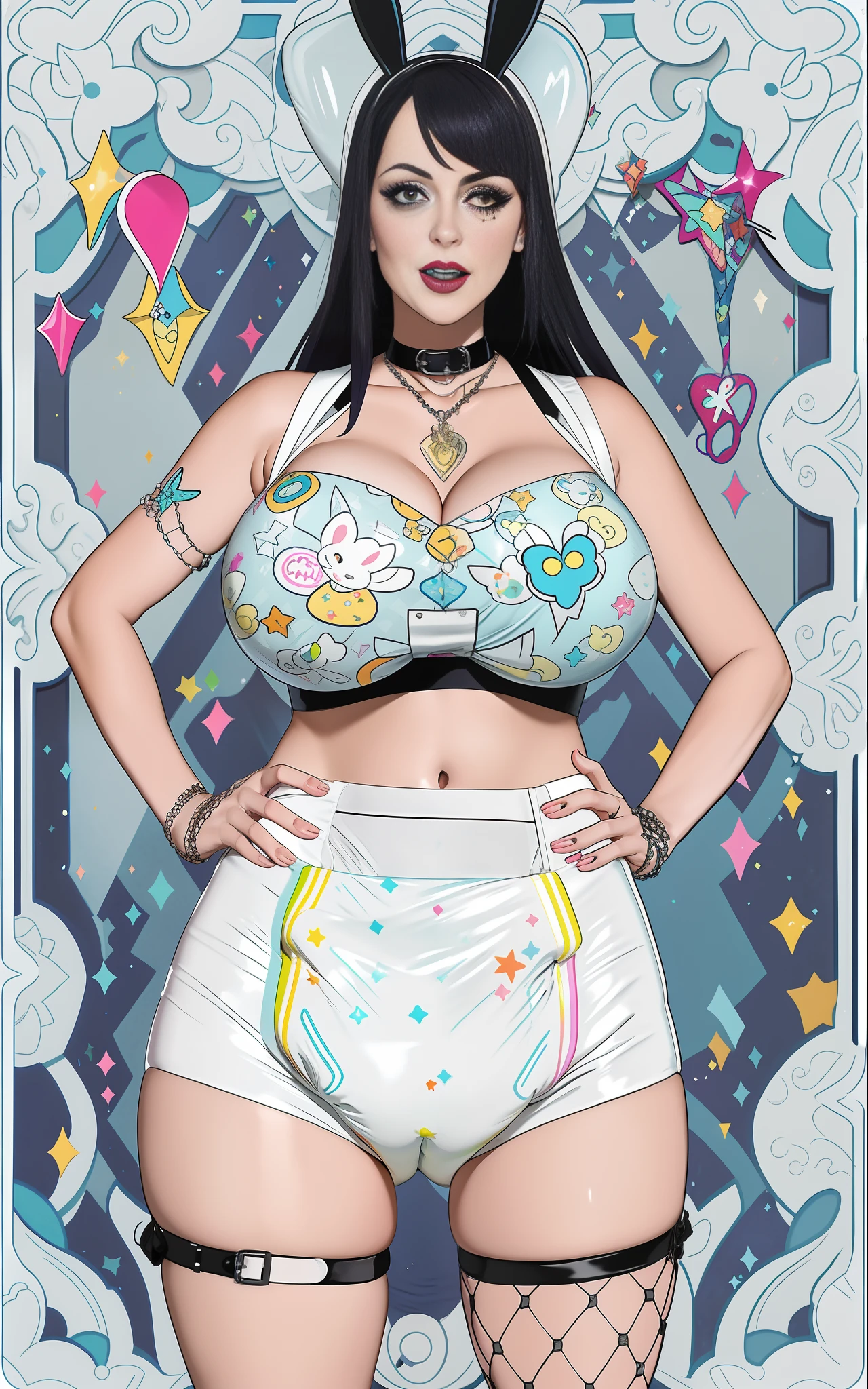 Sexy busty woman wearing (big diaper) magical, colorful, detailed, surprised, happpy, huge inflated breasts, wide hips, seductive, ((mommydom)), bokeh, (latex), cleavage, fishnets, goth, (bunny ears)