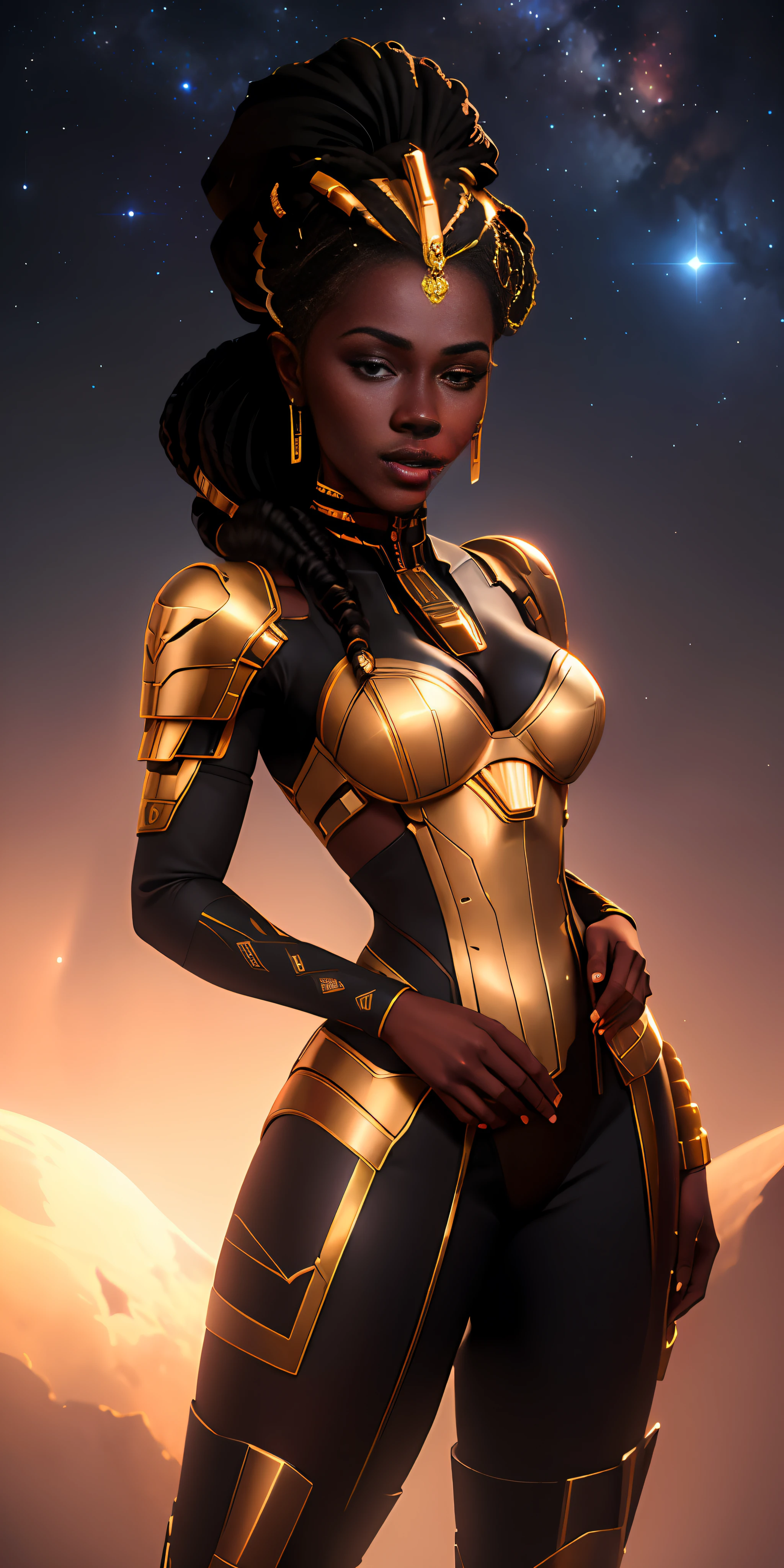 ((realistic image of a beautiful African-American woman, dark skin color)), beautiful smile, ((looking at the night sky, standing natural pose, in front of the Millennium Falcon)), wearing mandallor armor, long mega hair hair, dreadlocks, ((kanekalon)), camera view against plongée, golden ratio, dark background lighting, close-up, detailed facial details, perfect face, sharpness, trend art,  Sharp facial details, ultra high quality, line art, high fantasy, exquisite, 4k, soft lighting 8k, dreamy --iso 100