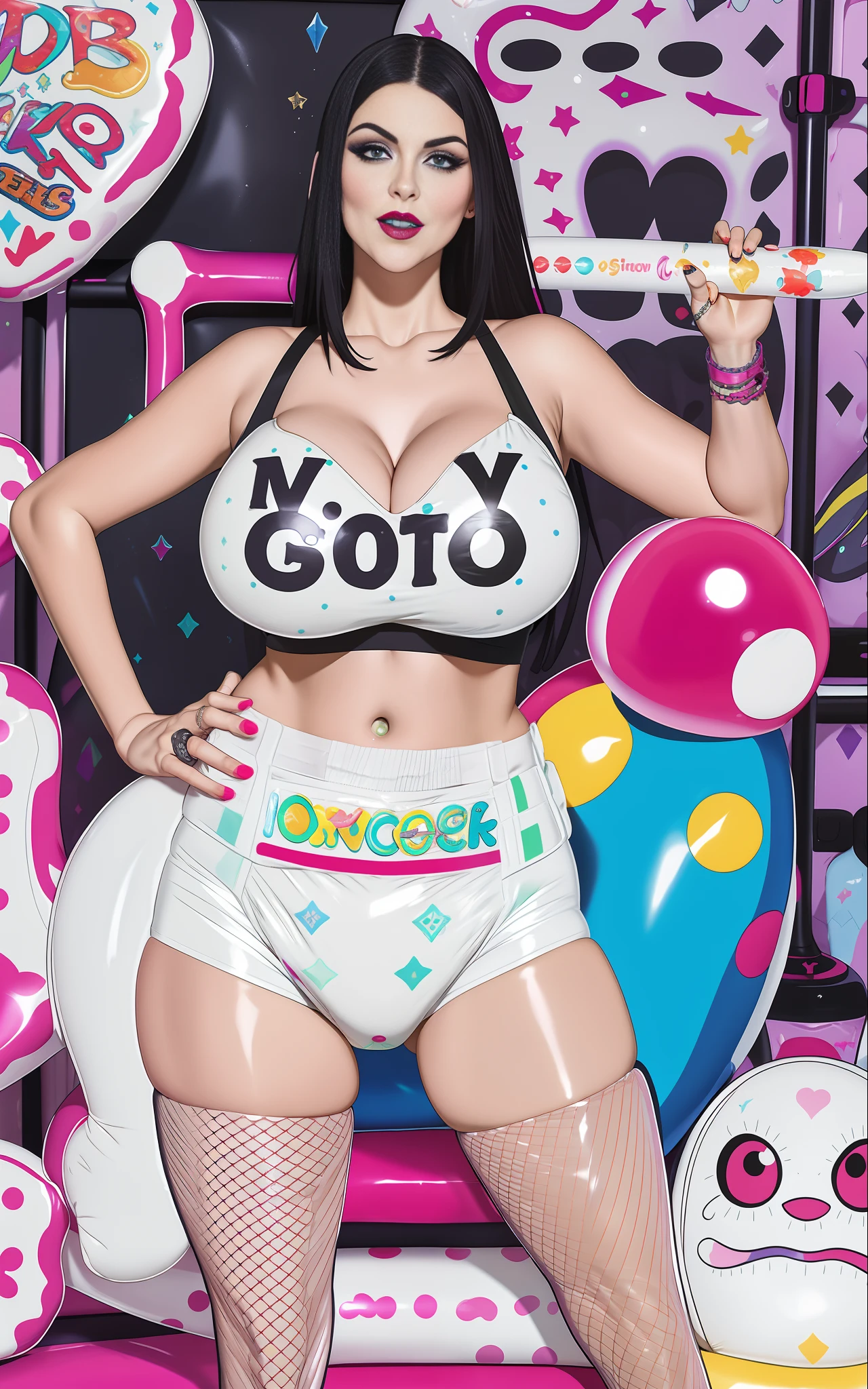 Sexy busty woman wearing (big diaper) magical, colorful, detailed, surprised, happpy, huge inflated breasts, wide hips, seductive, ((mommydom)), bokeh, (latex), cleavage, fishnets, goth, ahego, beautiful eyes, (at the jacuzzi),(inflatables)