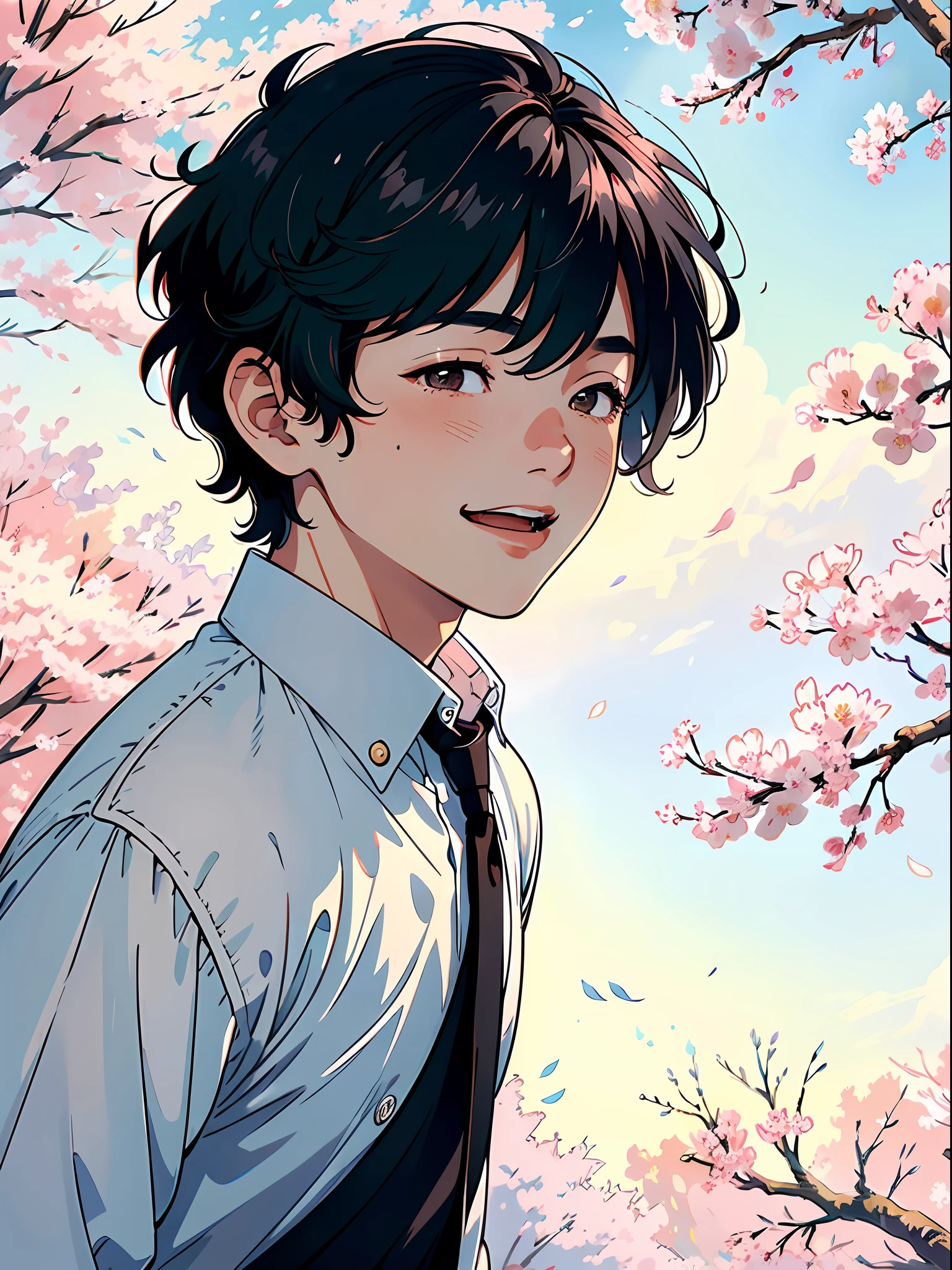 ((Masterpiece)),((Best Quality))),((Ultra Detail)),((Illustration)), A Boy, Short Black Hair, Comma Hair, Hair Between Eyes, Falling Cherry Blossoms, Squinting and Laughing