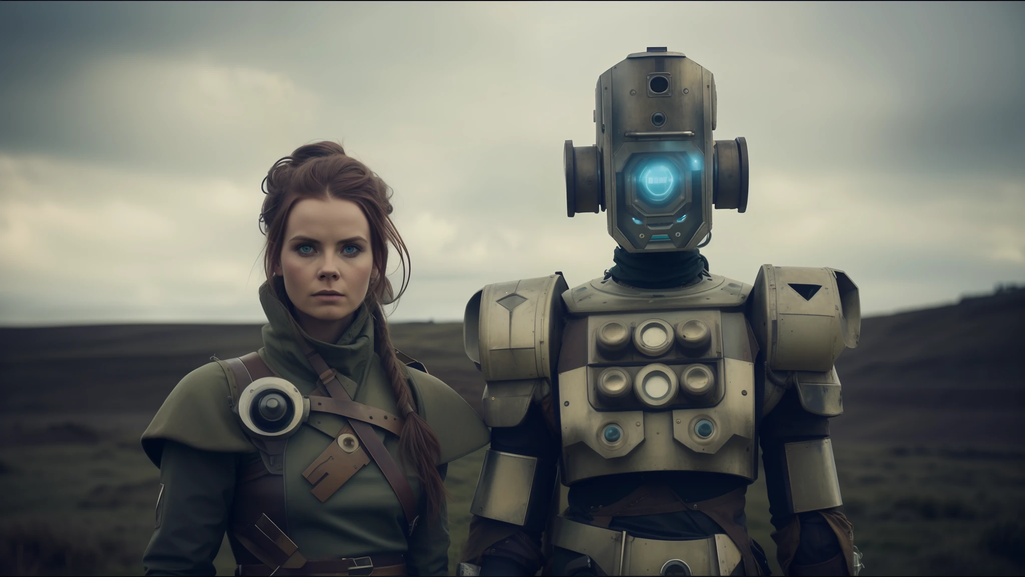 there is a woman standing next to a robot in a field, inspired by Nína Tryggvadóttir, vfx, smogpunk, irreverent characters, an epic non - binary model, moorland, medium shot of two characters, after effects, human soldiers, oilpunk, by Nína Tryggvadóttir, pathfinder