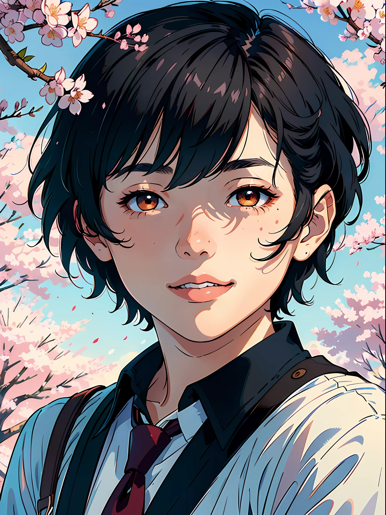 ((Masterpiece)), ((Best Quality))), ((Ultra Detailed)), ((Illustration)), A Boy, Short Black Hair, Comma Hair, Hair Between the Eyes, High School Uniform, On the Side of the Road, Falling Cherry Blossoms, Gentle Laugh