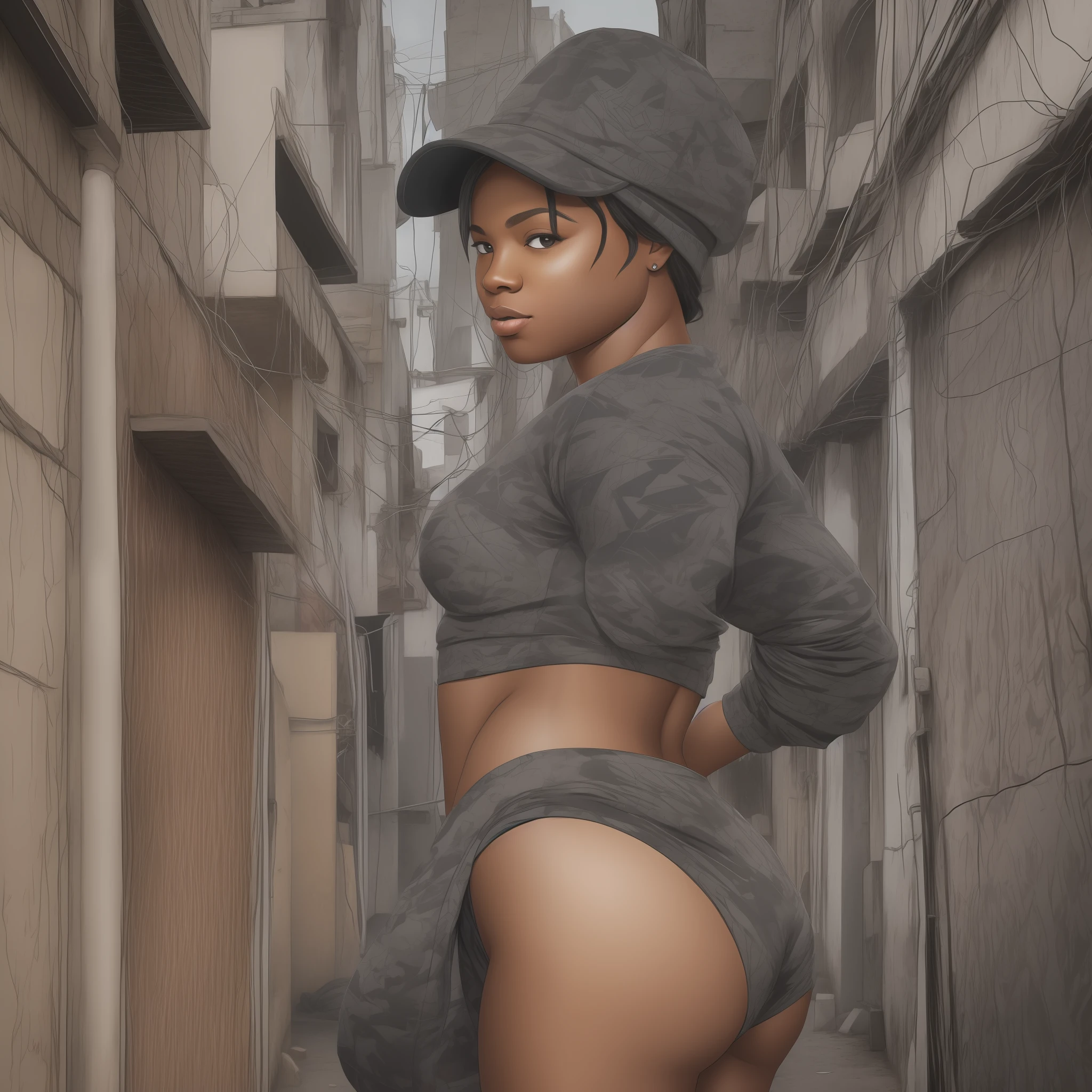 Black woman, from coast to camera and looking at Canera, with all black clothes, gray sweatpants, black jacket, gray shirt, black cap, black skin, with cell phone in hand, in the middle of the favela, small ass and medium size breasts, comics style --auto --s2