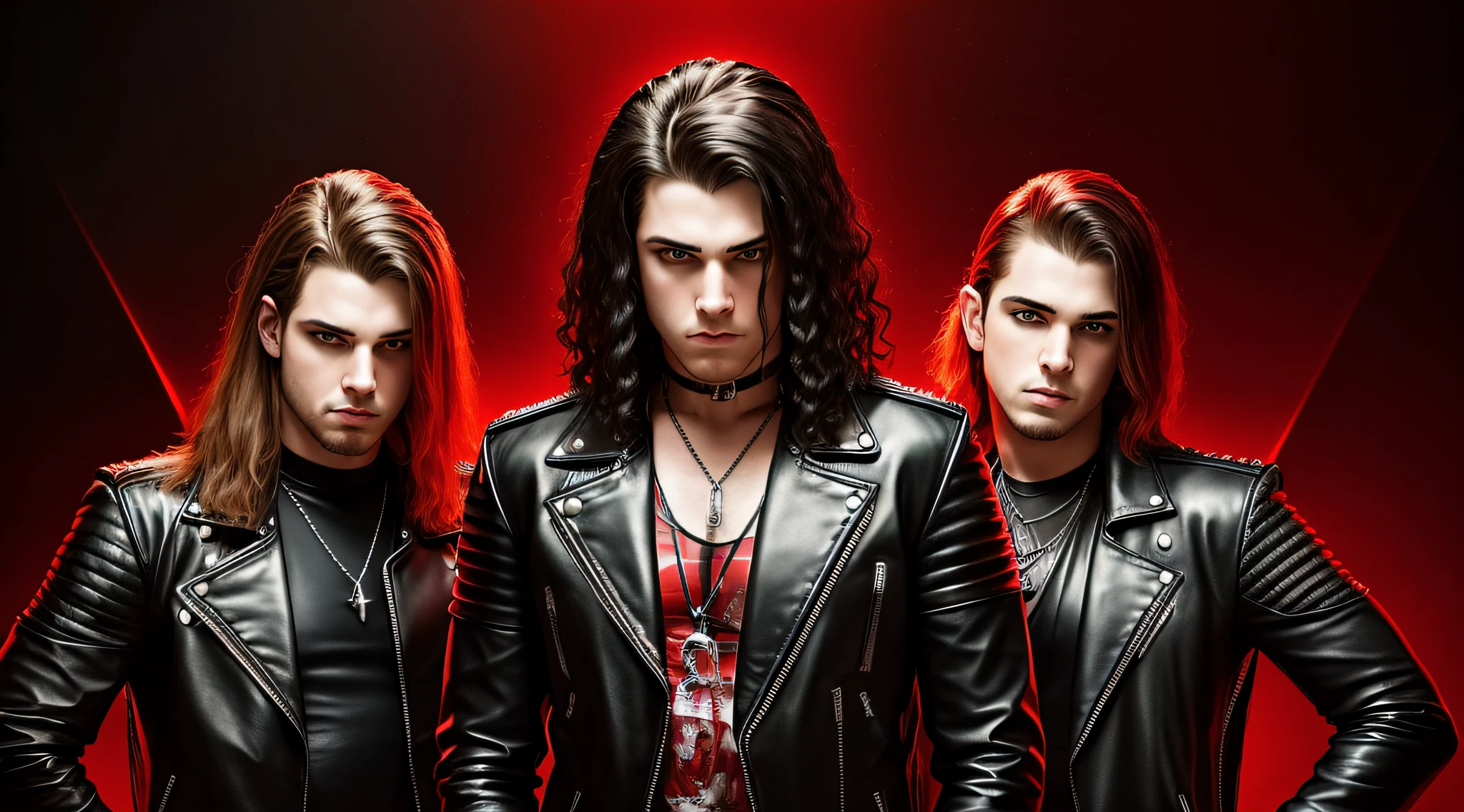 3 boys in standing leather clothes, portrait style, MANY STORM RAYS, BLOOD RED BACKGROUND, Heavy metal promo band, Thrash metal, Heavy Rock --auto --s2