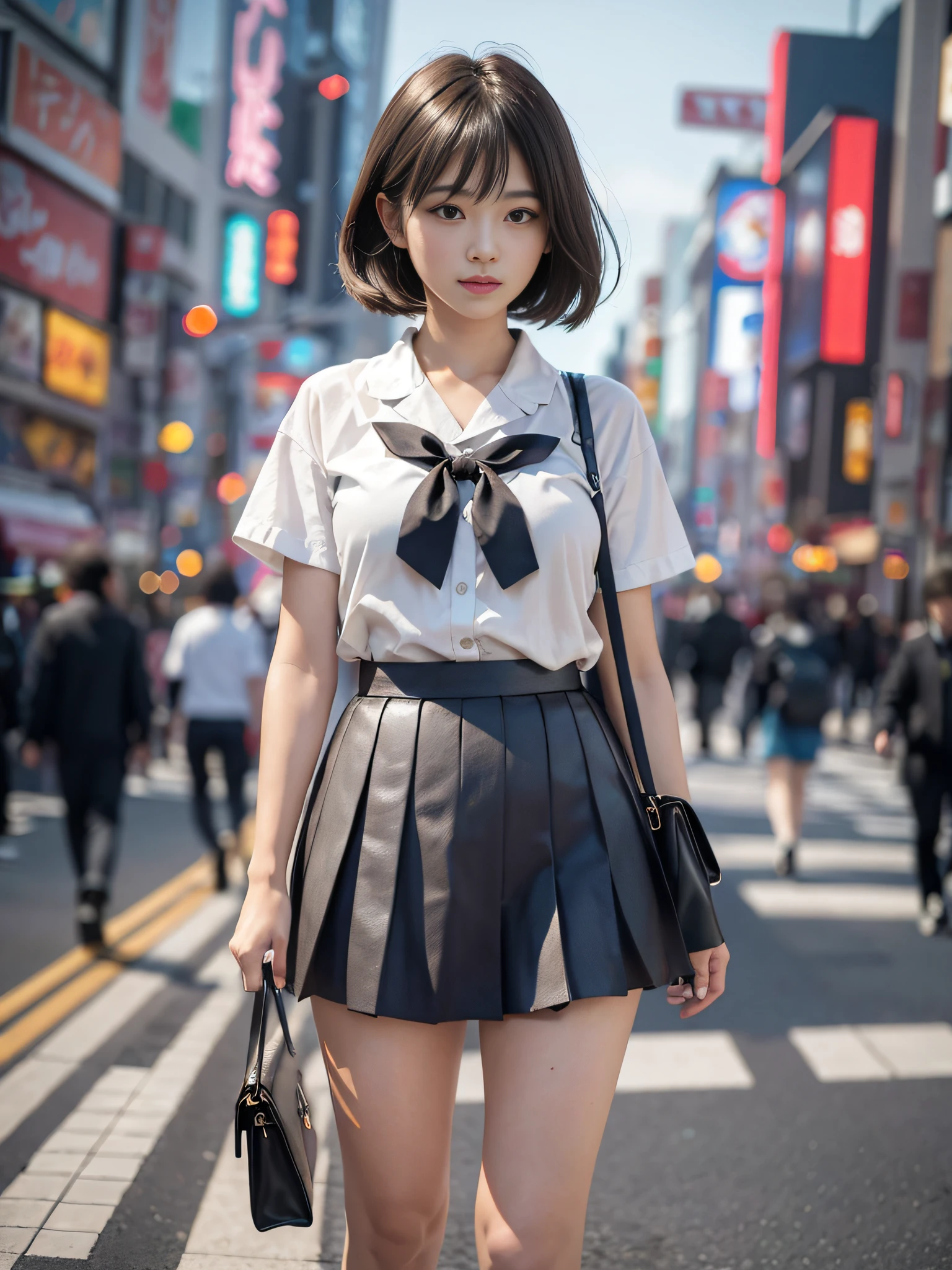 Ultra top quality, masterpiece, ultra high resolution, (photorealistic: 1.4), highly detailed CG Unity 8k wallpaper, detailed and complex, incredibly absurd, original, high resolution, raw photo, (perfect figure), fine and complex, DSLR, soft lighting, high quality, film grain, depth of field, Leica camera, 50mm lens, backlight, HDR, Hyperrealistic, Color Grade, Dynamic Pose, Portrait, Japan People, Smile, Lips, Bangs, (Crowded Akihabara: 1.2), Front View Viewer, Natural Light, Girl, 19 Years Old, Full Body, Solo, Student, High School, Uniform, Bobby Socks, Pleated Skirt, Day, On the Street, Deep Shadow, Cute, Beauty, Unobtrusive, Cold Light 12000K\\ Street, Store State, Akihabara, Shinjuku, Shibuya, Ikebukuro, detailed realism, skin texture, super detailed, realistic skin texture, (dramatic, award-winning photos, incredible masterpieces: 1.3)