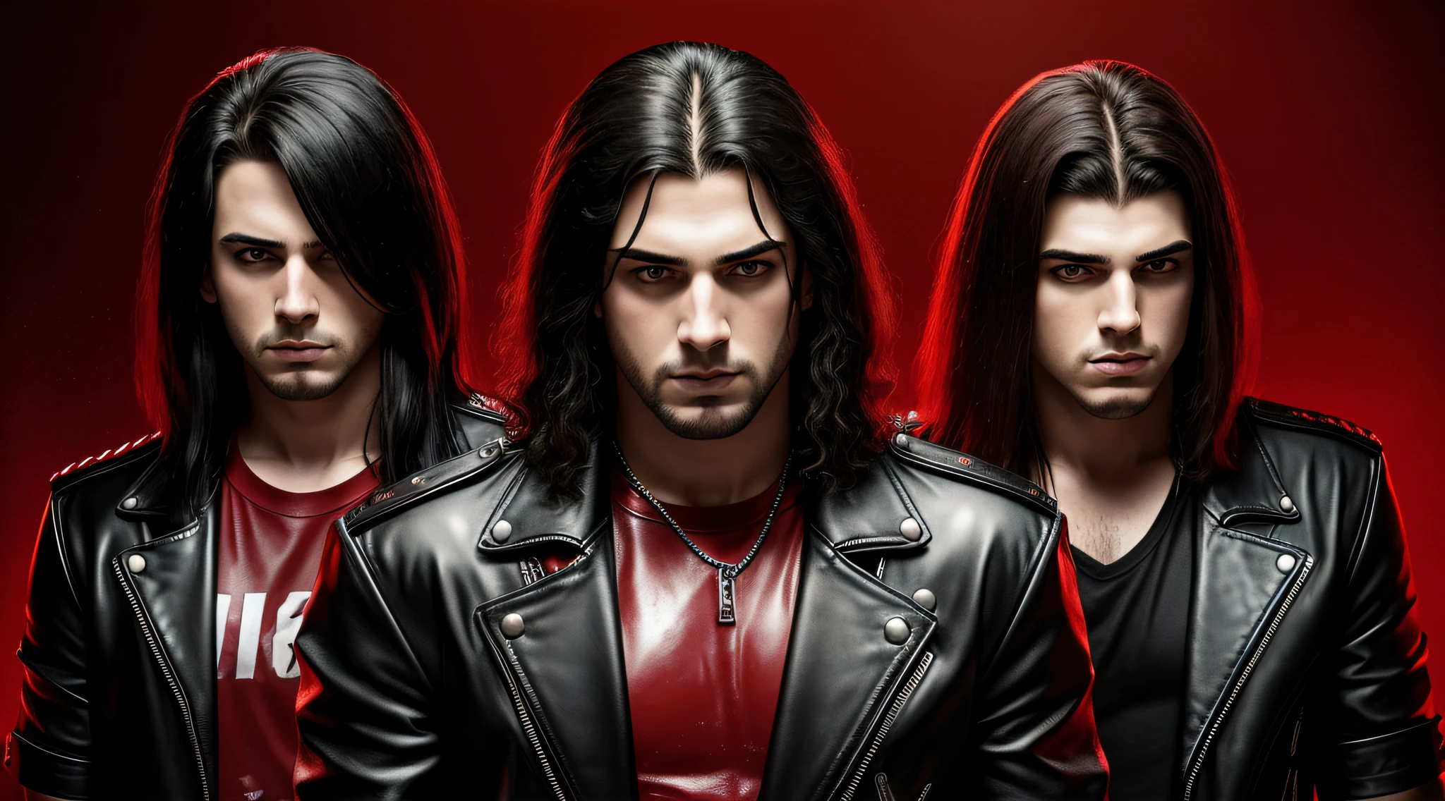 3 boys in standing leather clothes, portrait style, MANY STORM RAYS, BLOOD RED BACKGROUND, Heavy metal promo band, Thrash metal, Heavy Rock --auto --s2