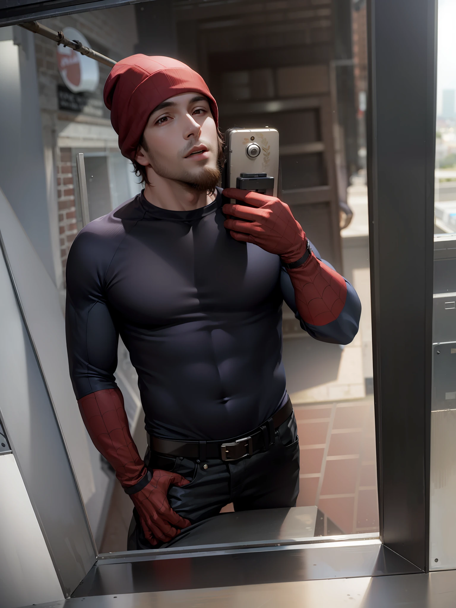 (masterpiece, best quality:1.2), solo, male focus, 1boy, expressionless, looking at viewer, squatting, short hair, (streaked hair:1.1), red eyes, spider suit, spider web print, spider web, rooftop