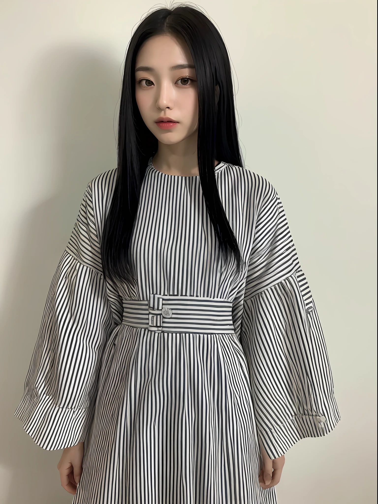 Japanese girl with straight black medium hair and white and medium sleeve dress