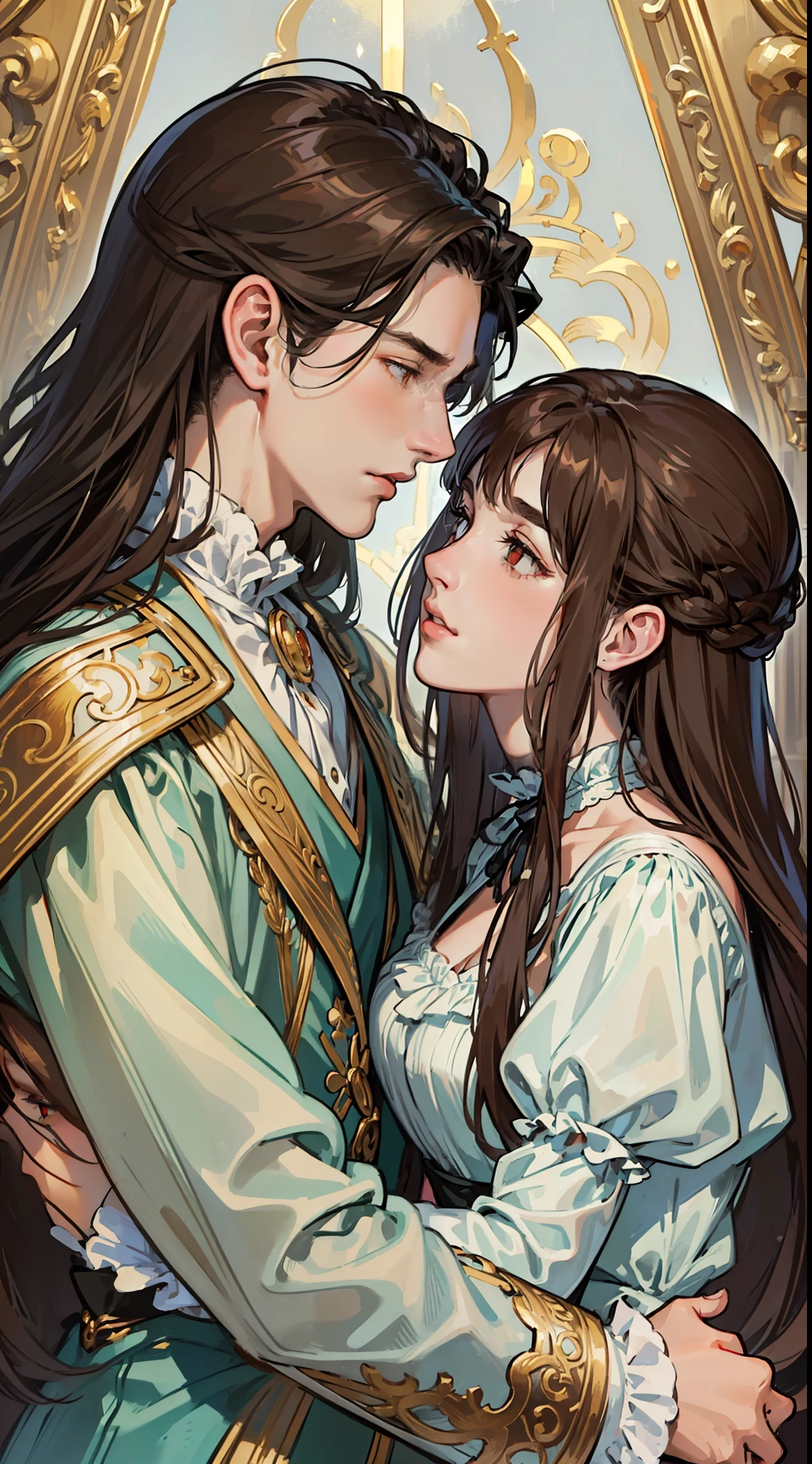 ((masterpieces)), best quality, outstanding illustration, a couple kissing, soft focus, 1 boy with long black hair, RED EYES, 1 girl with long brown hair, BROWN EYES, Victorian clothes, Victorian romanticism, opulent and exquisite atmosphere, soft light and warm lighting. (((SPECIFIC CHARACTERISTICS)))