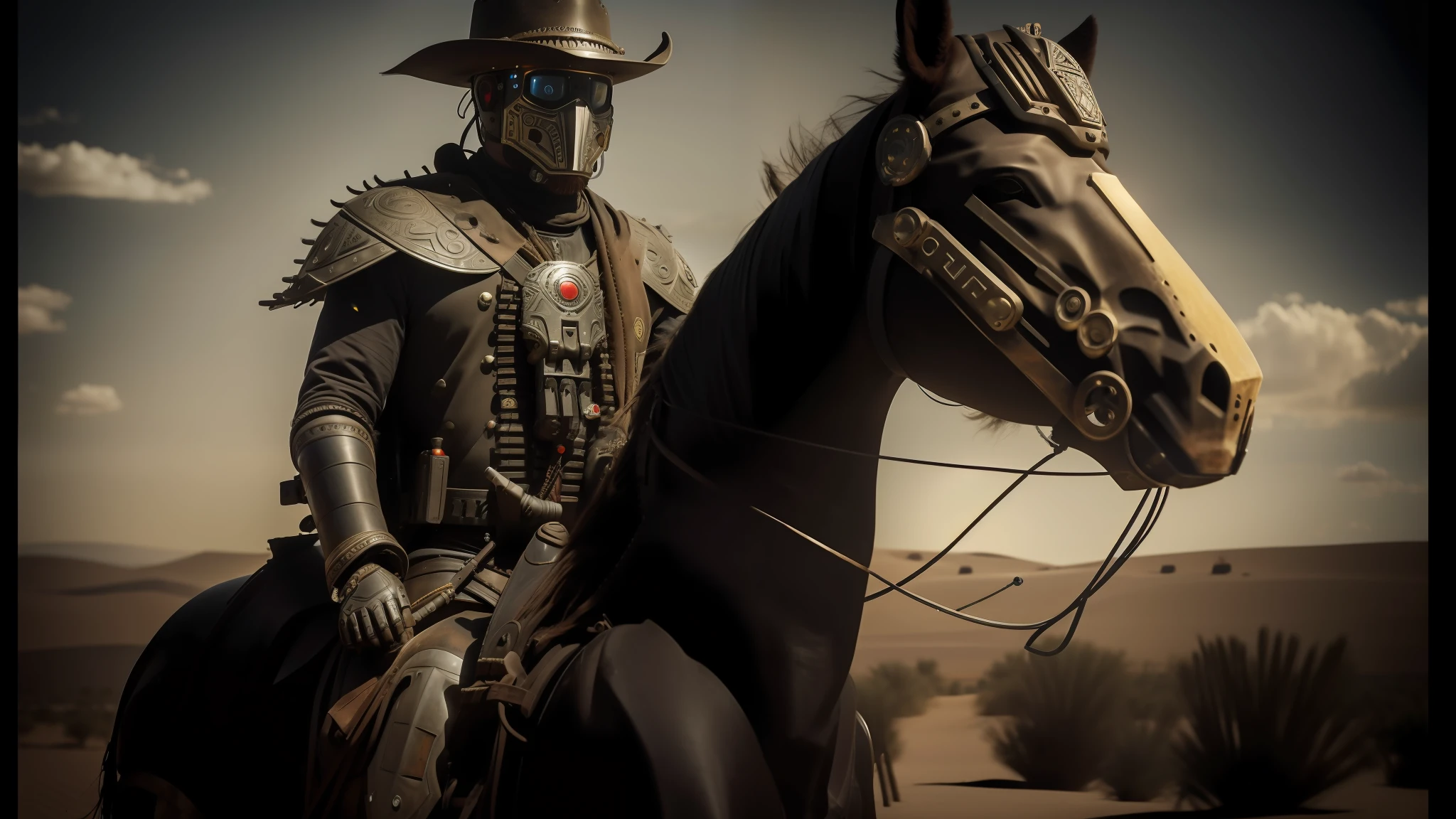 there is a robot in a cowboy hat and suit riding a horse, movie still of the aztec cyborg, special ops mask, cinematic diffused lighting, the king in the desert, movie image, ornate cosplay, portholes, bandit mask, yasuke models of 5 0 0 px