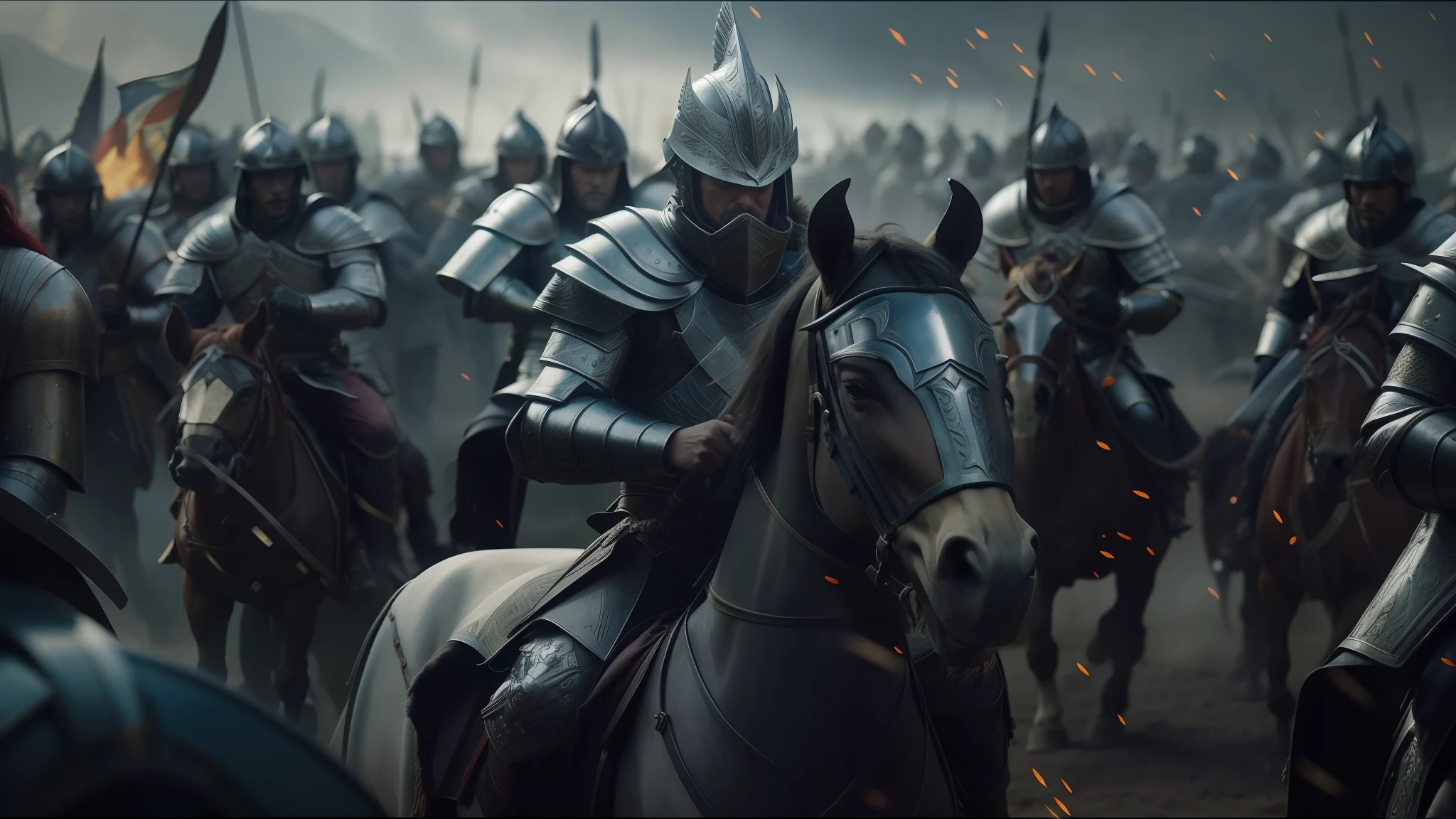 arafada image of a group of men in armor riding horses, yanjun chengt, static frame of a movie, soldiers in the background, animated film, inspired by Huang Guangjian, color grading, promotional images, pale pointed ears, the king of death