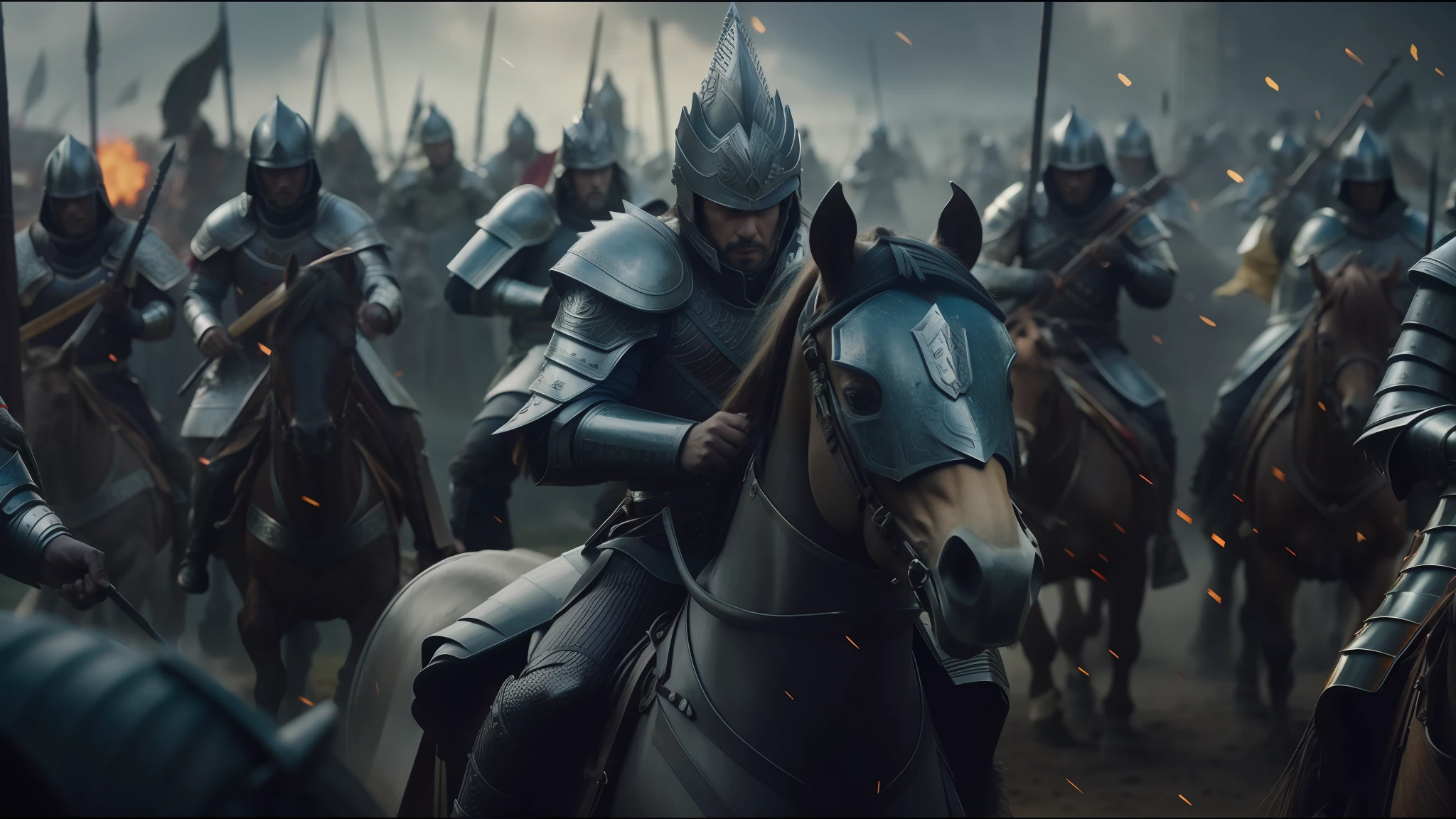 arafada image of a group of men in armor riding horses, yanjun chengt, static frame of a movie, soldiers in the background, animated film, inspired by Huang Guangjian, color grading, promotional images, pale pointed ears, the king of death