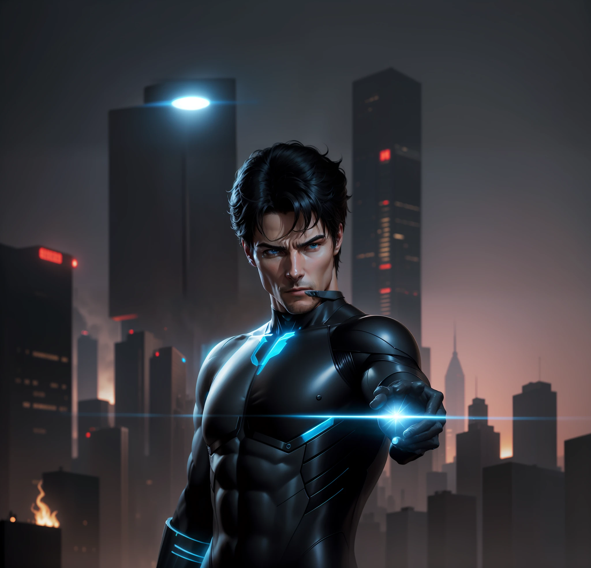 there is a man in a black suit holding a blue light, tom cruise as kenshiro, movie still of a cool cyborg, cyborg male, an epic anime of a energy man, makoto shinkai. octane render, male cyborg, as a character in tekken, promotional render, an image of a beautiful cyborg, gantz, this character has cryokinesis --auto --s2