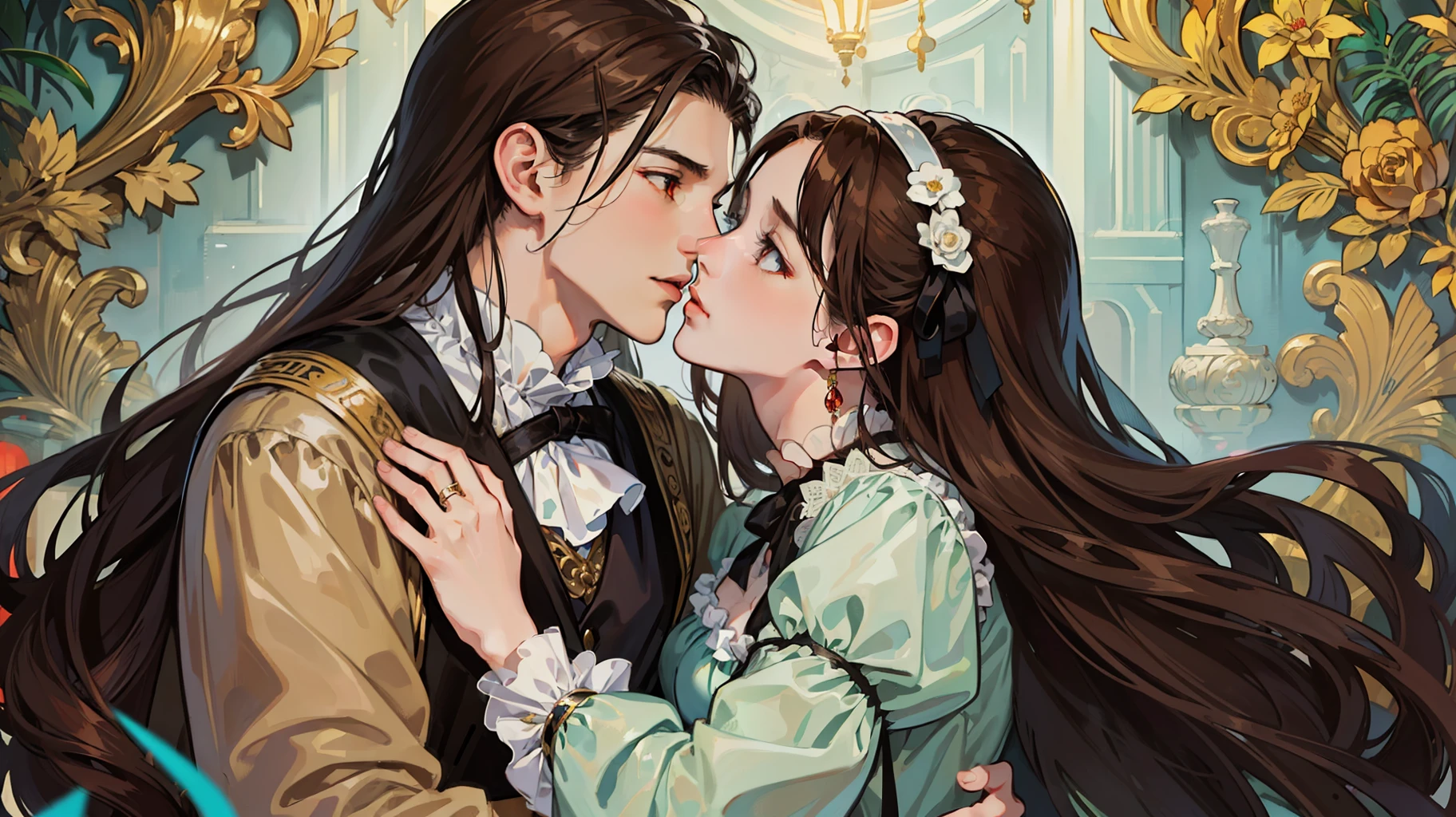 ((masterpieces)), best quality, outstanding illustration, a couple kissing, soft focus, 1 boy with long black hair, RED EYES, 1 girl with long brown hair, BROWN EYES, Victorian clothes, Victorian romanticism, opulent and exquisite atmosphere, soft light and warm lighting. (((SPECIFIC CHARACTERISTICS)))