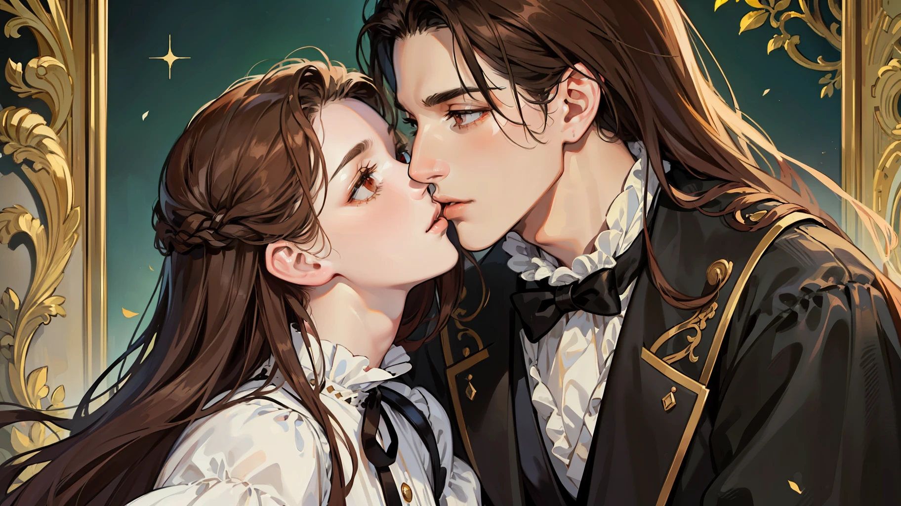 ((masterpieces)), best quality, outstanding illustration, a couple kissing, soft focus, 1 boy with long black hair, RED EYES, 1 girl with long brown hair, BROWN EYES, Victorian clothes, Victorian romanticism, opulent and exquisite atmosphere, soft light and warm lighting. (((SPECIFIC CHARACTERISTICS)))