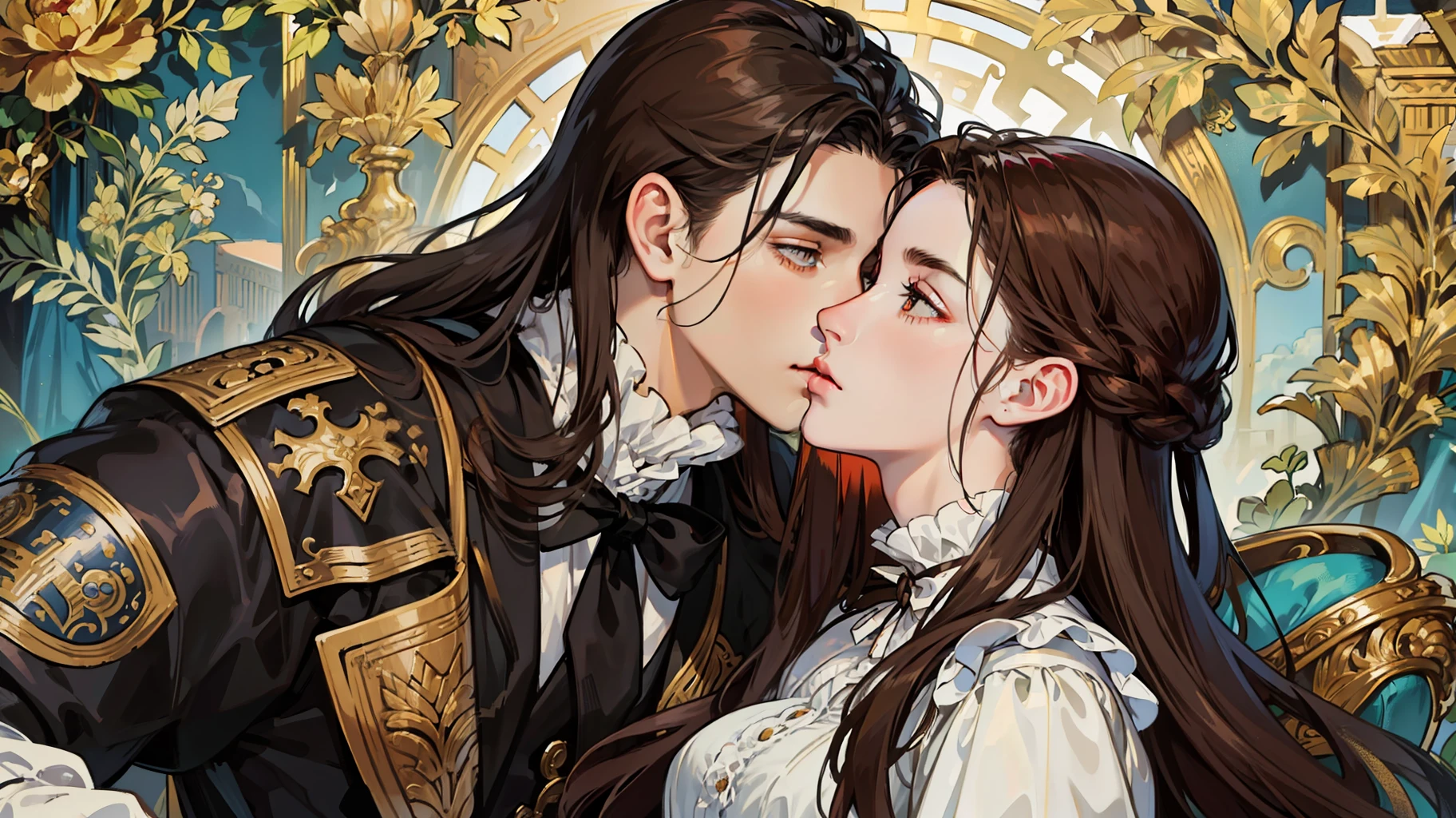 ((masterpieces)), best quality, outstanding illustration, a couple kissing, soft focus, 1 boy with long black hair, RED EYES, 1 girl with long brown hair, BROWN EYES, Victorian clothes, Victorian romanticism, opulent and exquisite atmosphere, soft light and warm lighting. (((SPECIFIC CHARACTERISTICS)))