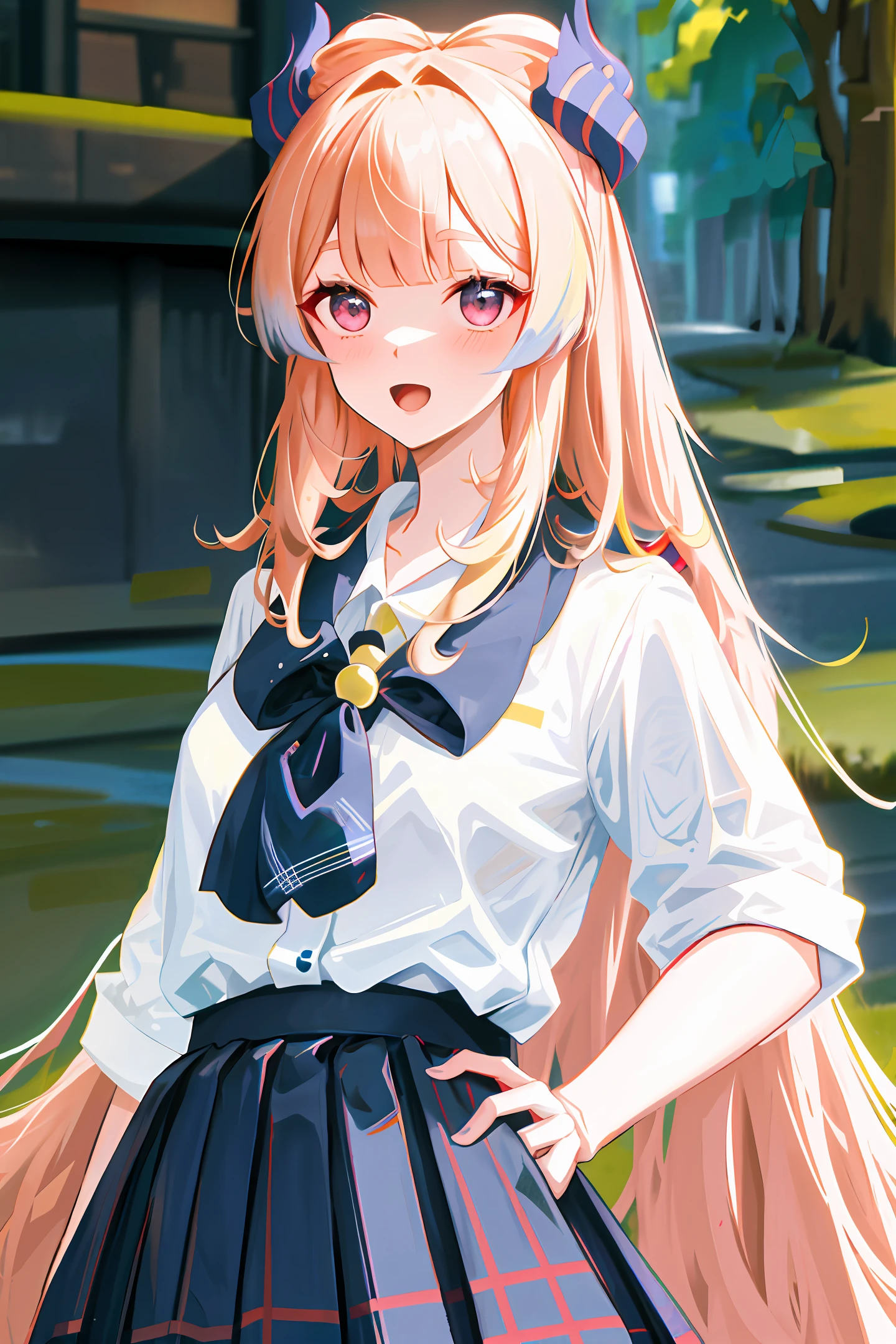 4K, masterpiece, highres, absurdres, natural volumetric lighting and best shadows, deep depth of field, sharp focus, delicate soft beautiful attractive face, anime style bisquedoll, kitagawa marin, 1girl, :d, upper body, beaded bracelet, beads, black tie, blonde hair, blue skirt, blush, bracelet, hand on own hip, jewelry, long hair, looking at the viewer, tie,  open mouth, plaid, plaid skirt, red eyes, school uniform, shirt, outdoor, skirt, smile, solo, standing, white background, white shirt, naked