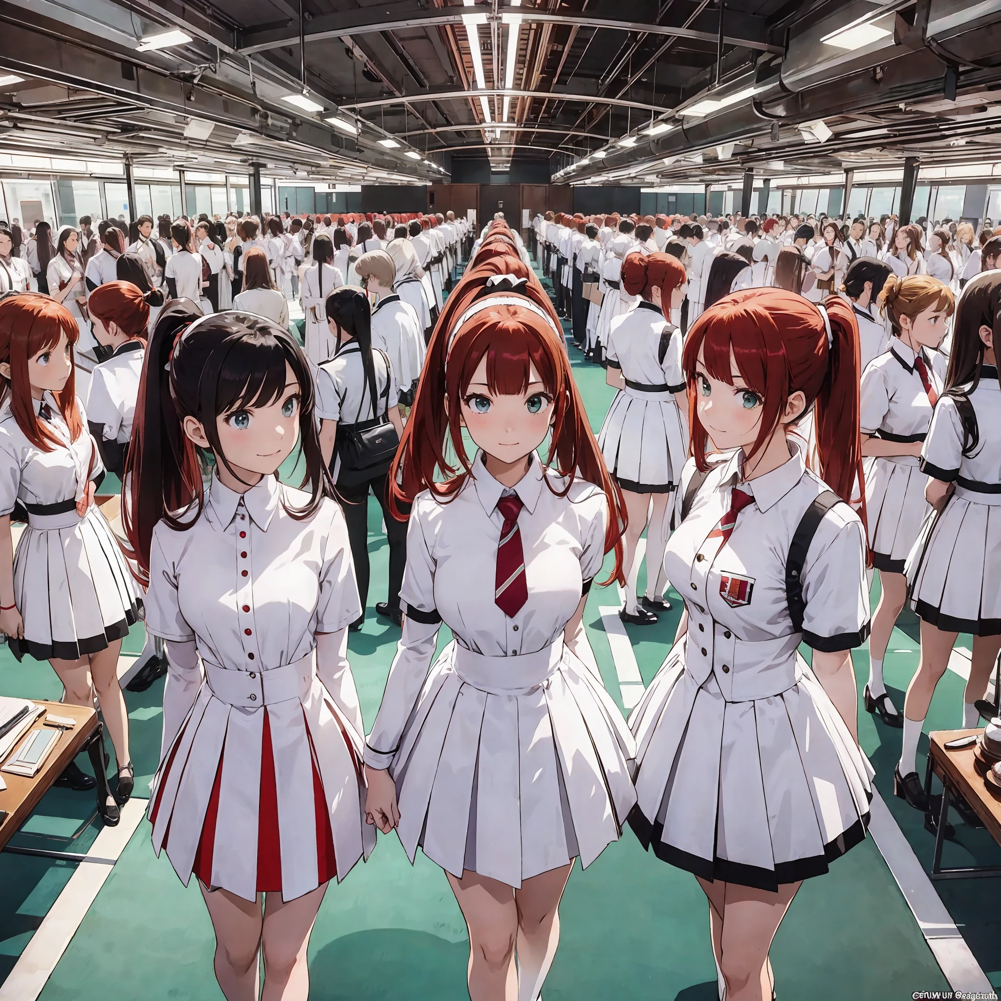 perfect anime illustration, multiple girls, thousands of girls, millions of girls, clones, identical sisters, red hair, ponytail, matching hairstyle, hazel eyes, smiling, white skin, matching outfits, green skirt suits, neckties, businesswomen, high heels, office, highres, full body, bare legs, neat rows of sisters, neat columns of sisters, sisters standing in formation, sisters in background