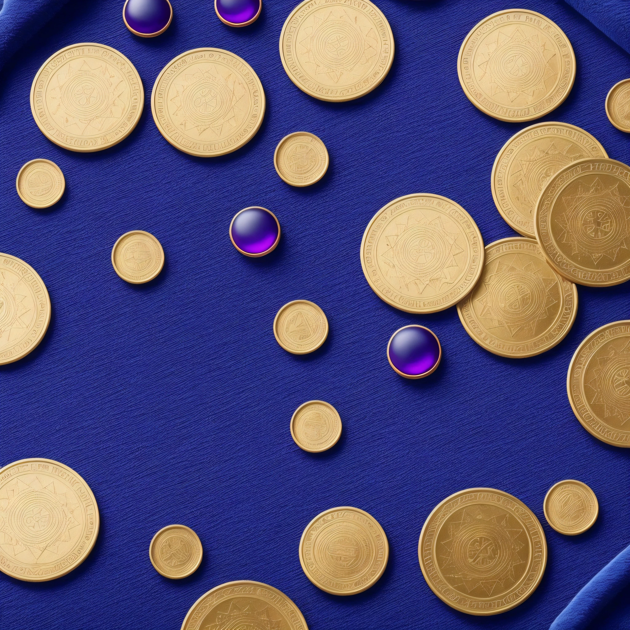 on a table with a navy blue velvet towel there is a circle of light blue, red, purple stones and in the center of this circle there are eleven gold coins, seen from above, octane render HD high quality --auto --s2