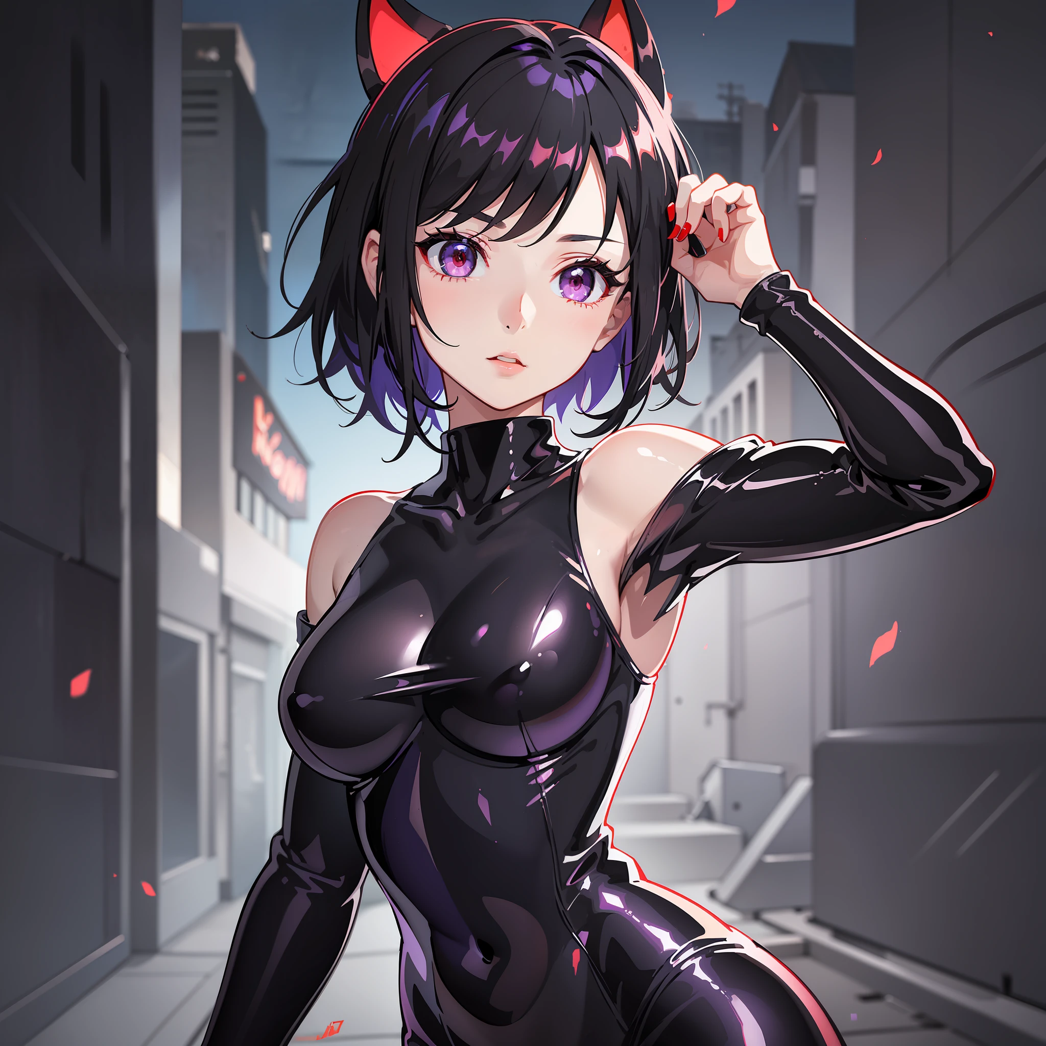 A woman with 20 years old, white skin, short black hair, red eyes, beautiful face with light details, in front of the camera, view from above, black latex clothes, purple collar, very tight clothes, very detailed, anime style, high resolution, night background, back lighting, sexy curvy body, oil painted