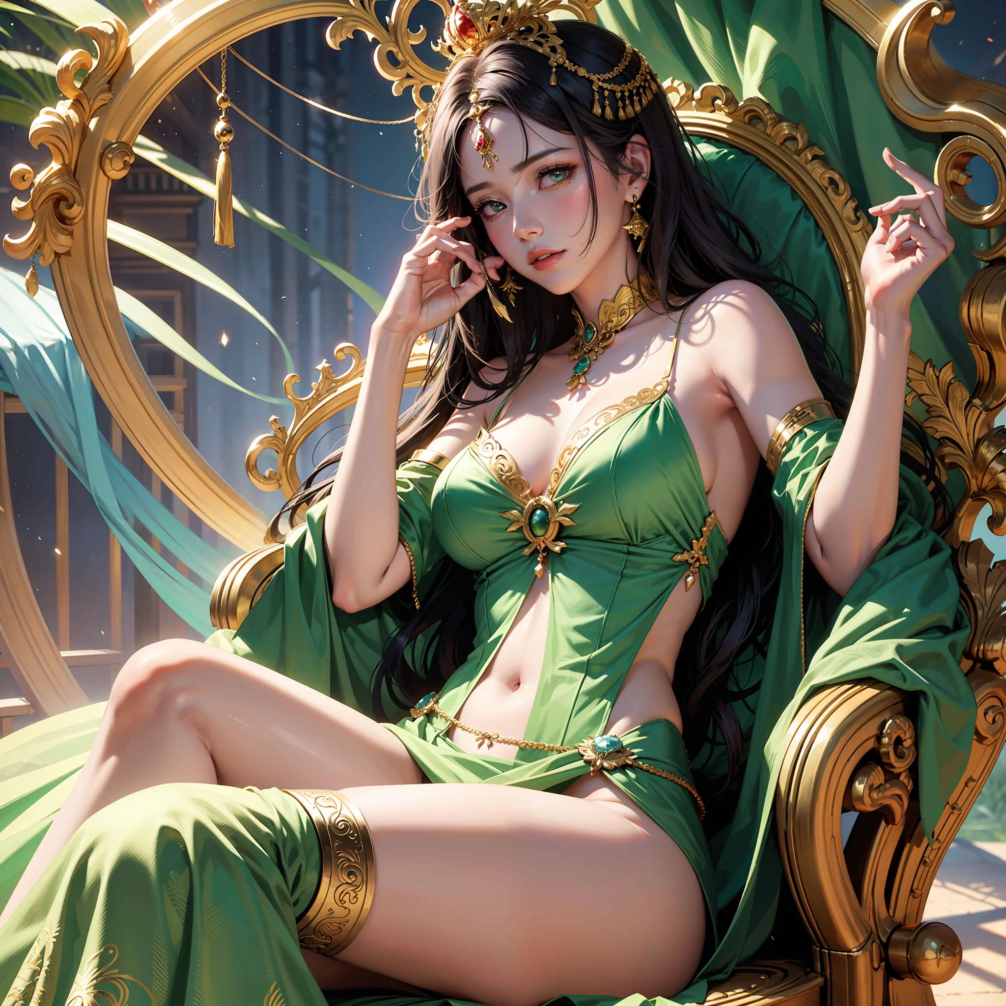 The princess Susheeng was lithe lovely, dark-hair curled and elaborately styled on top of her head, resting in a hammock-like chair of silk and fringed with tassels of gold thread, one of her arms was thrown back over her head, dressed seductively in light green silk, in ornate green palace, aloof, arrogant expression, bokeh, raytracing, realistic textured skin, particle effects, depth of field